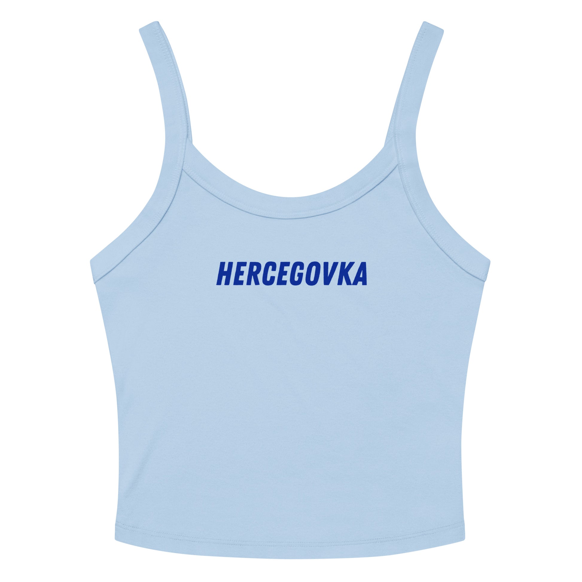 Woman's baby blue crop tank top featuring the word Hercegovka in blue lettering for Herzegovina pride and World Cup supporter apparel