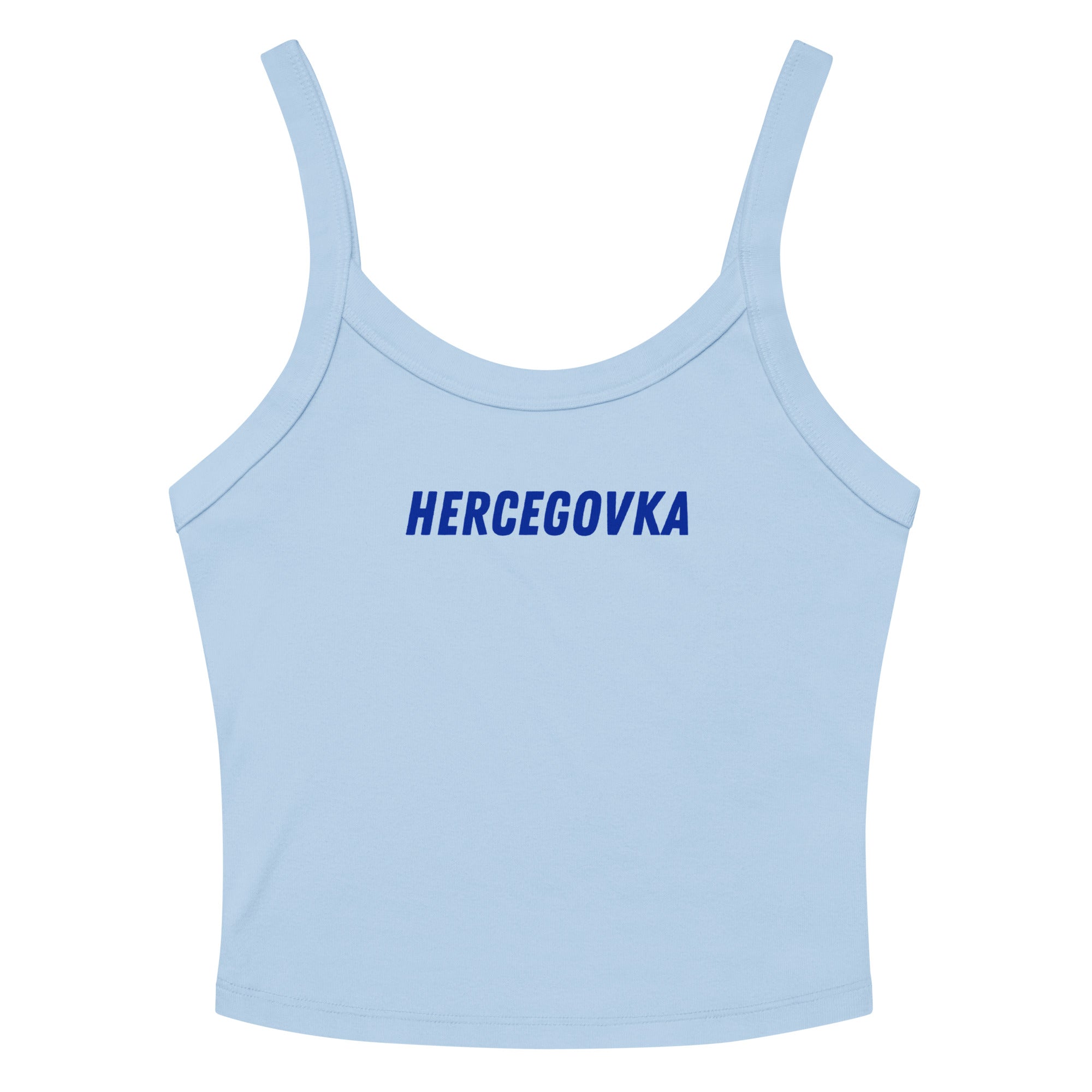 Woman's baby blue crop tank top featuring the word Hercegovka in blue lettering for Herzegovina pride and World Cup supporter apparel