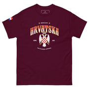 Burgundy Hrvatska Kockasti men’s t-shirt with Croatian crest-inspired artwork and sleeve details inspired by Croatian football culture