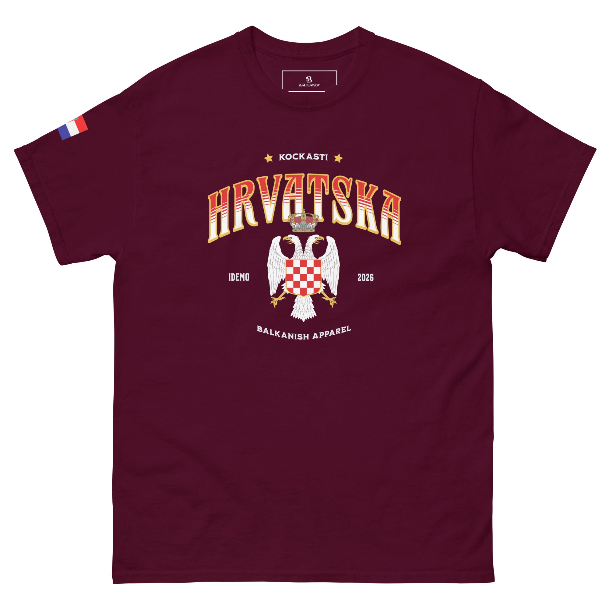 Burgundy Hrvatska Kockasti men’s t-shirt with Croatian crest-inspired artwork and sleeve details inspired by Croatian football culture