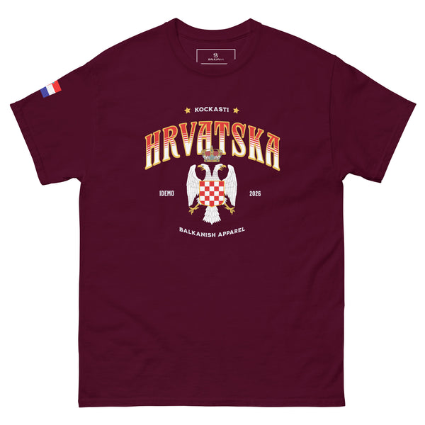 Burgundy Hrvatska Kockasti men’s t-shirt with Croatian crest-inspired artwork and sleeve details inspired by Croatian football culture