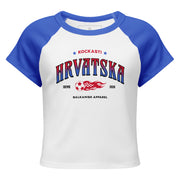 White and black Hrvatska women’s micro rib raglan baby tee with fiery football graphic inspired by Croatian football culture
