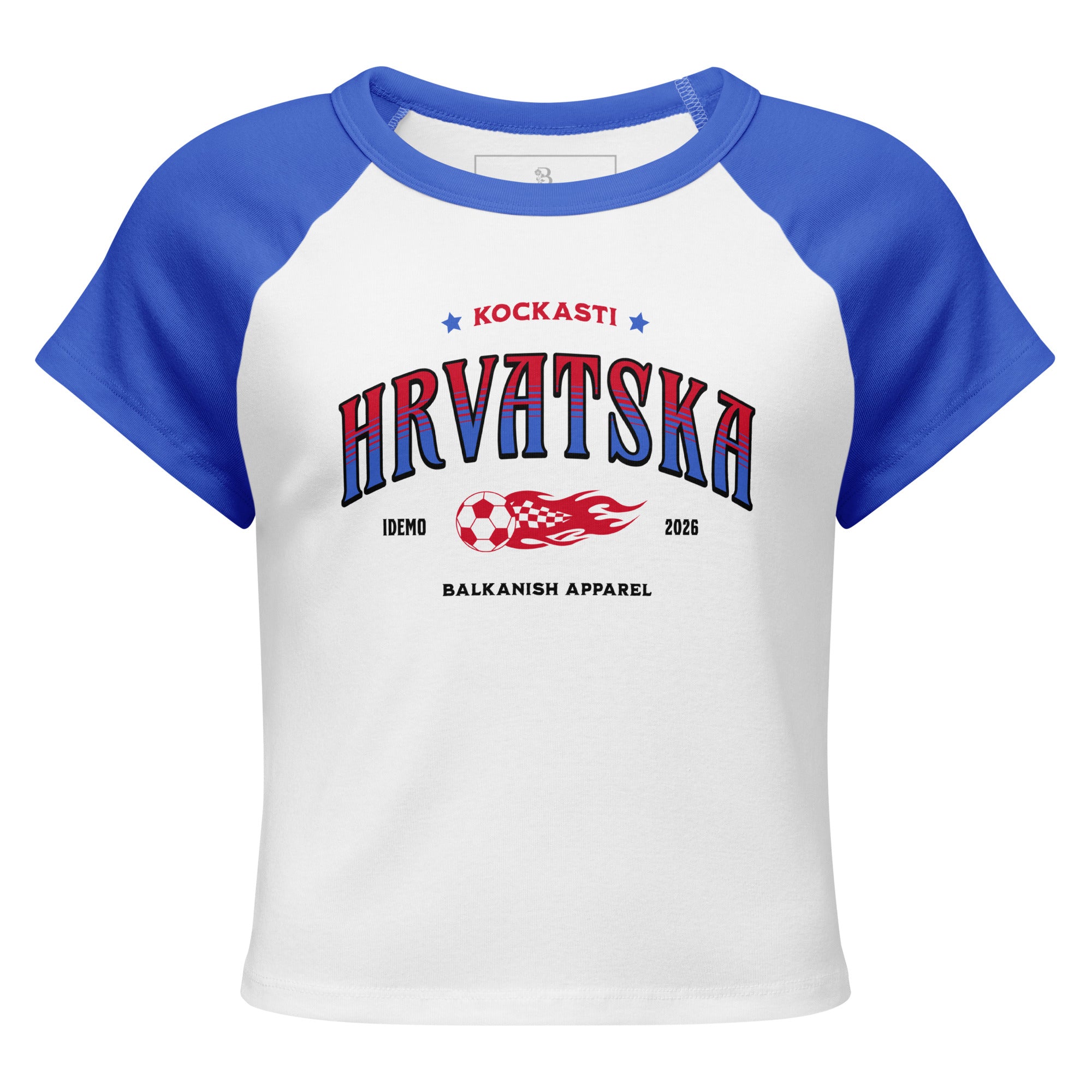 White and black Hrvatska women’s micro rib raglan baby tee with fiery football graphic inspired by Croatian football culture