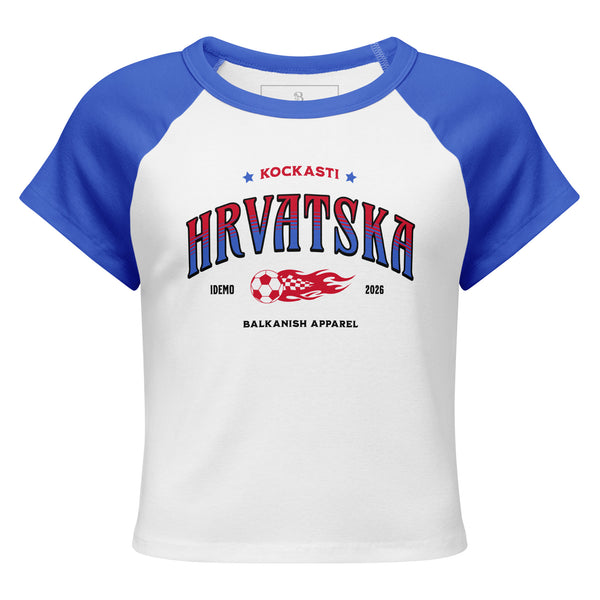 White and black Hrvatska women’s micro rib raglan baby tee with fiery football graphic inspired by Croatian football culture