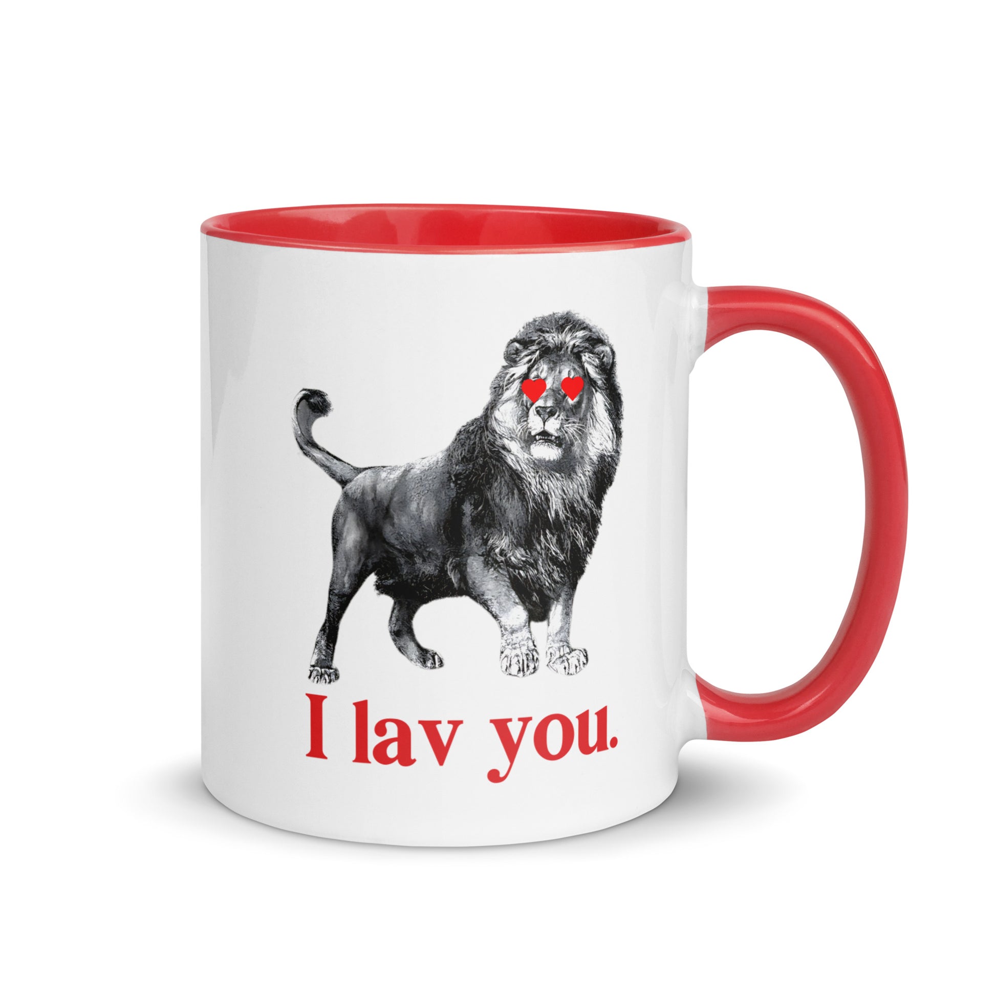 White ceramic mug with lion illustration and the phrase “I lav you”