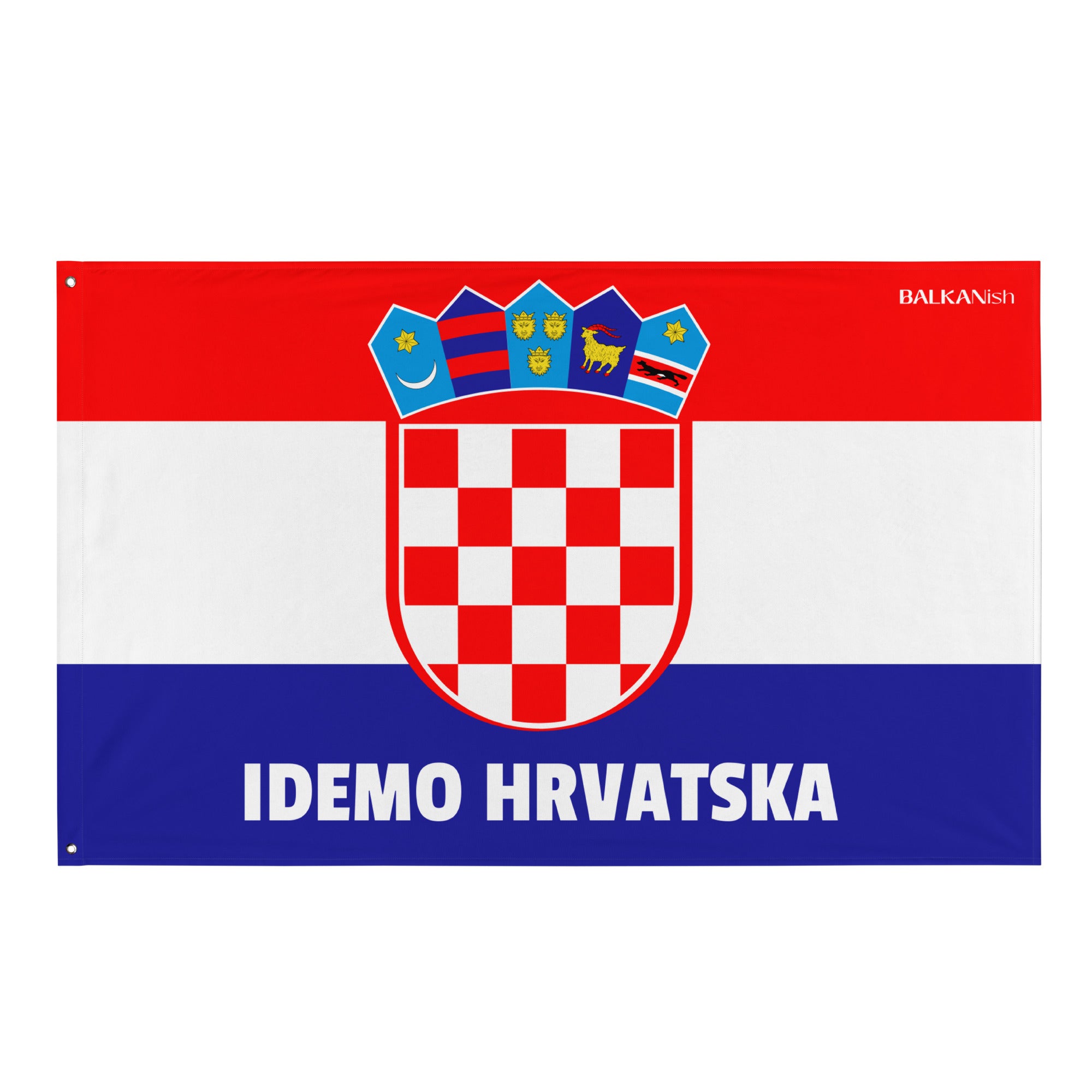 Red, white, and blue Idemo Hrvatska Croatia-inspired flag designed for Croatian football fans abroad
