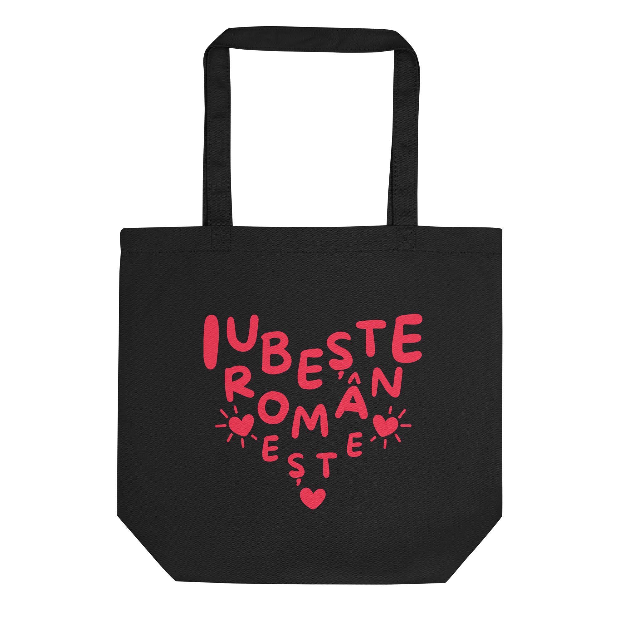 Black tote bag with red Romanian text “Iubește românește” and heart details