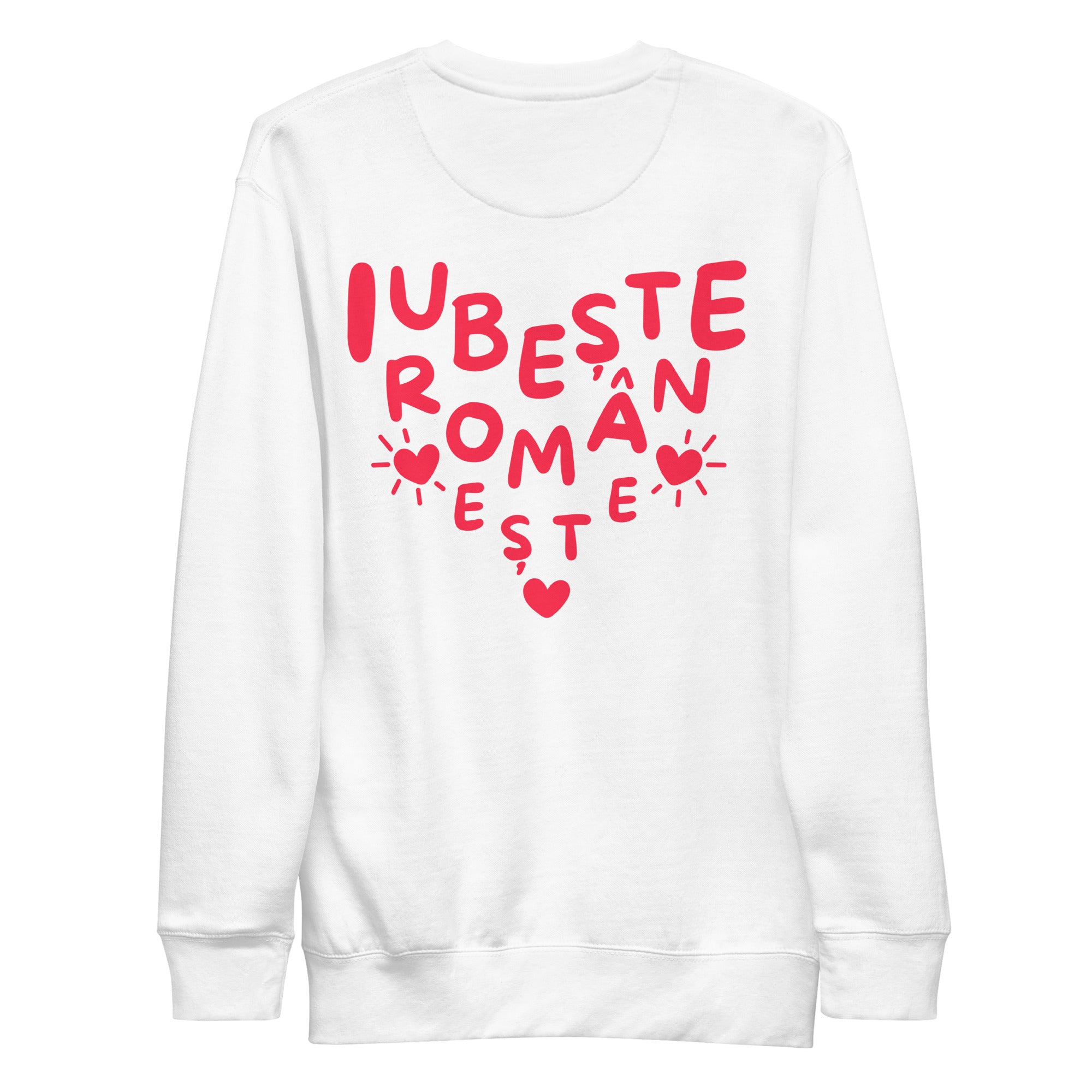 Women’s crewneck with Romanian phrase “Iubește românește” in red lettering