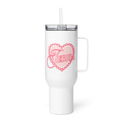 White insulated tumbler with pink heart design and the word “Jebiga”.