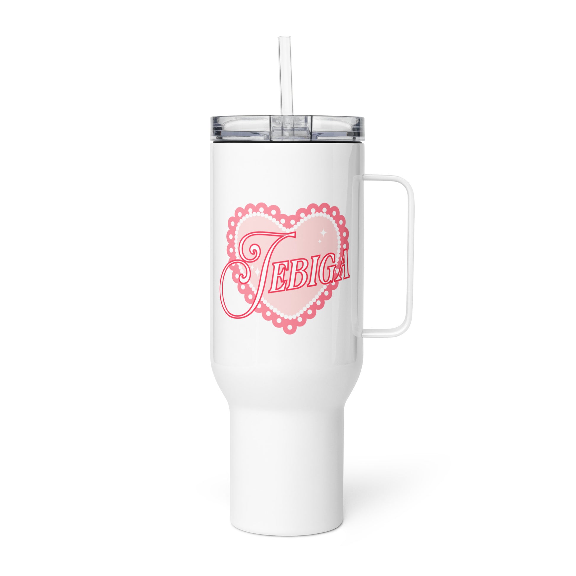 White insulated tumbler with pink heart design and the word “Jebiga”.