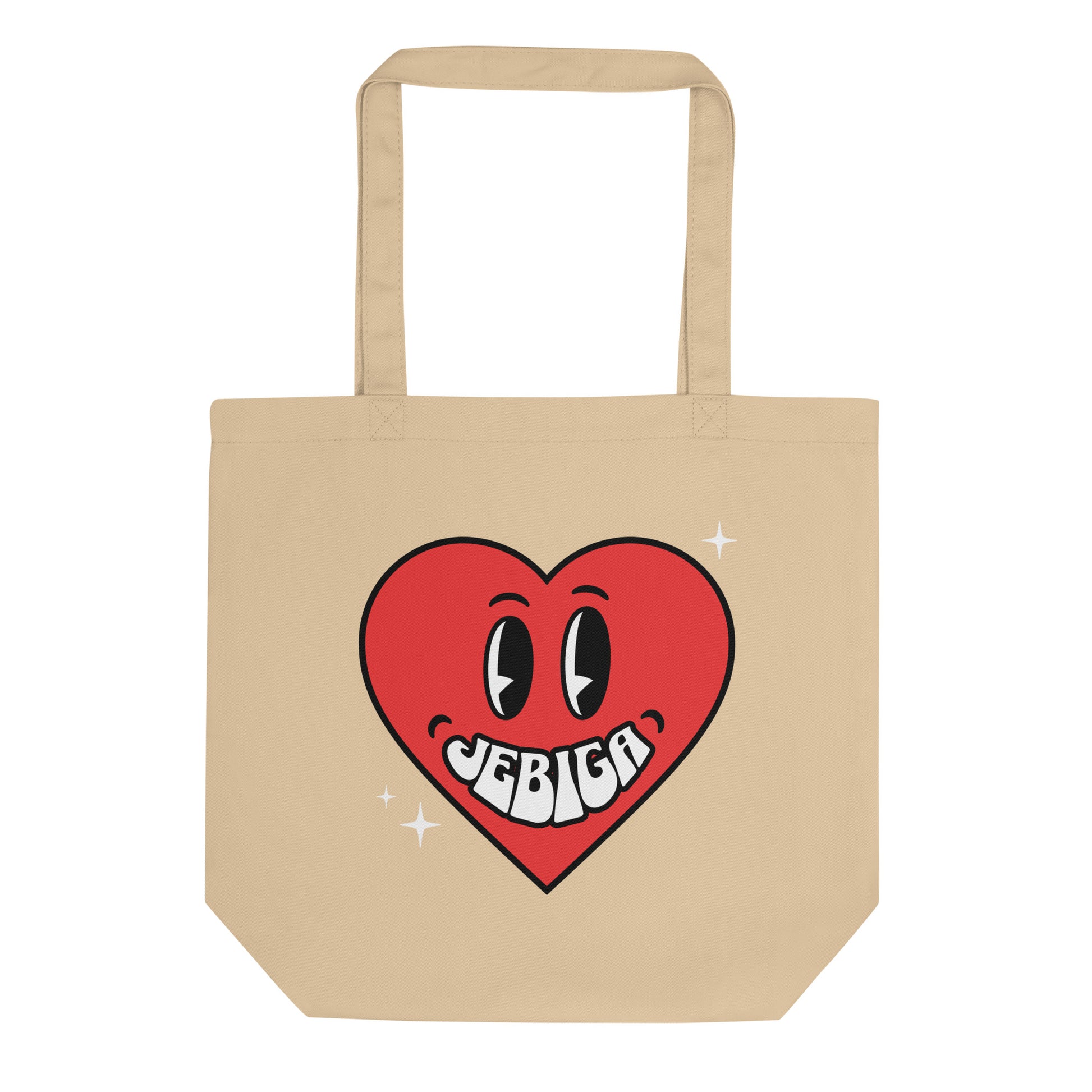 Natural tote bag featuring a red heart character with the word Jebiga