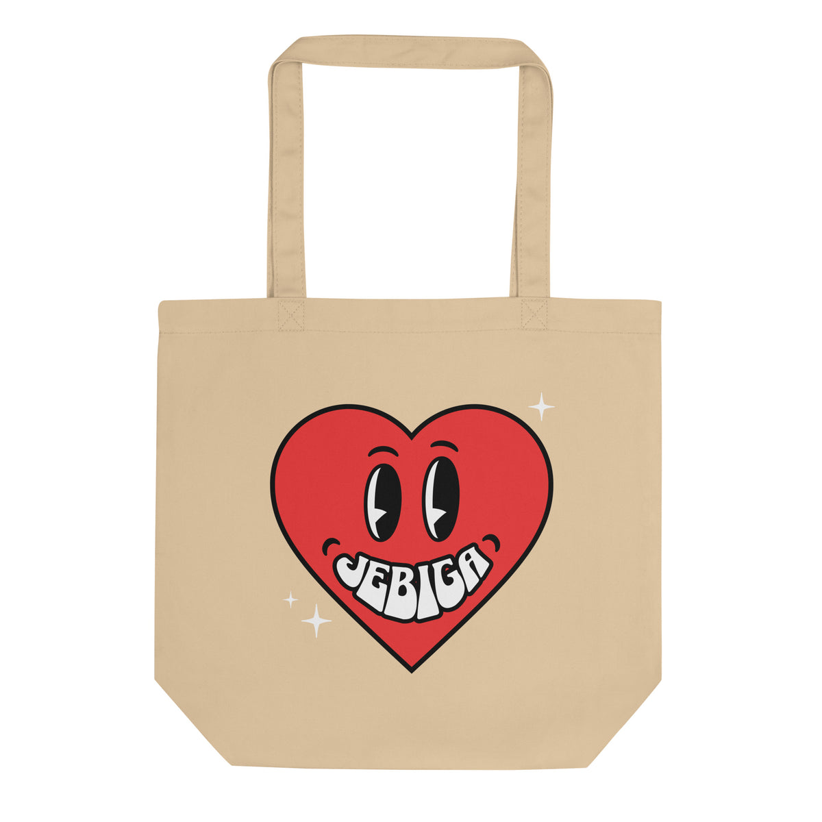 Natural tote bag featuring a red heart character with the word Jebiga