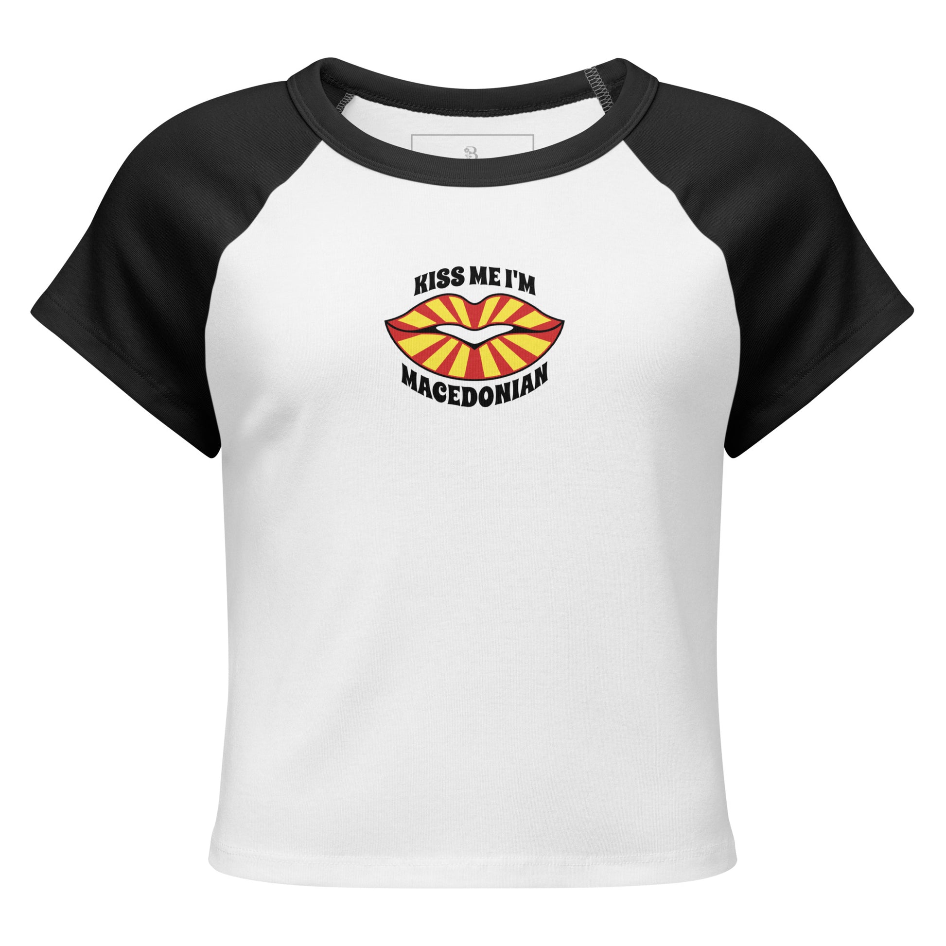 Kiss Me I’m Macedonian women’s raglan t-shirt with Macedonian flag heart design front view