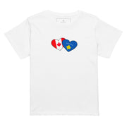 Woman wearing a Kosovo and Canada hearts high waisted t-shirt featuring hand-drawn watercolor flag hearts for the Kosovar Canadian diaspora.