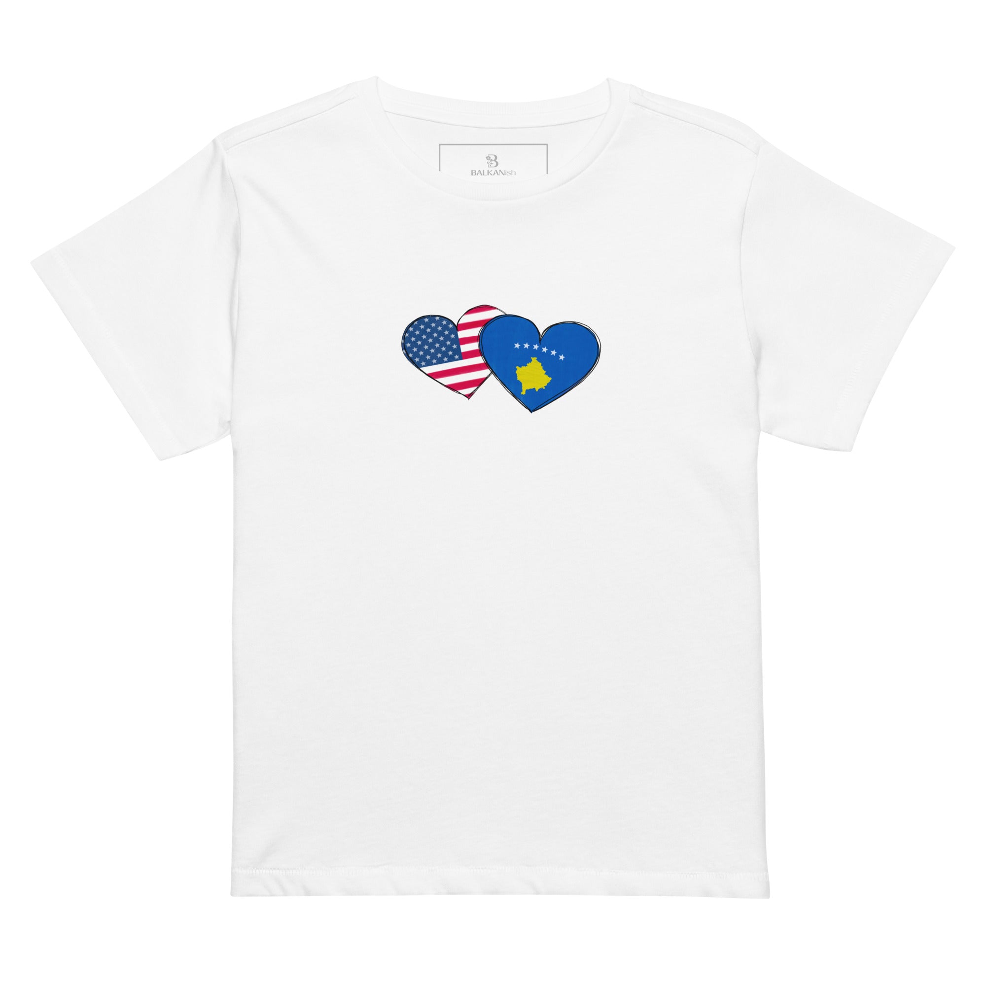 Woman wearing a Kosovo and USA hearts high waisted t-shirt featuring hand-drawn watercolor flag hearts for the Kosovar American diaspora.