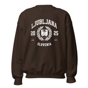 Ljubljana Slovenia varsity crewneck sweatshirt espresso brown front view
