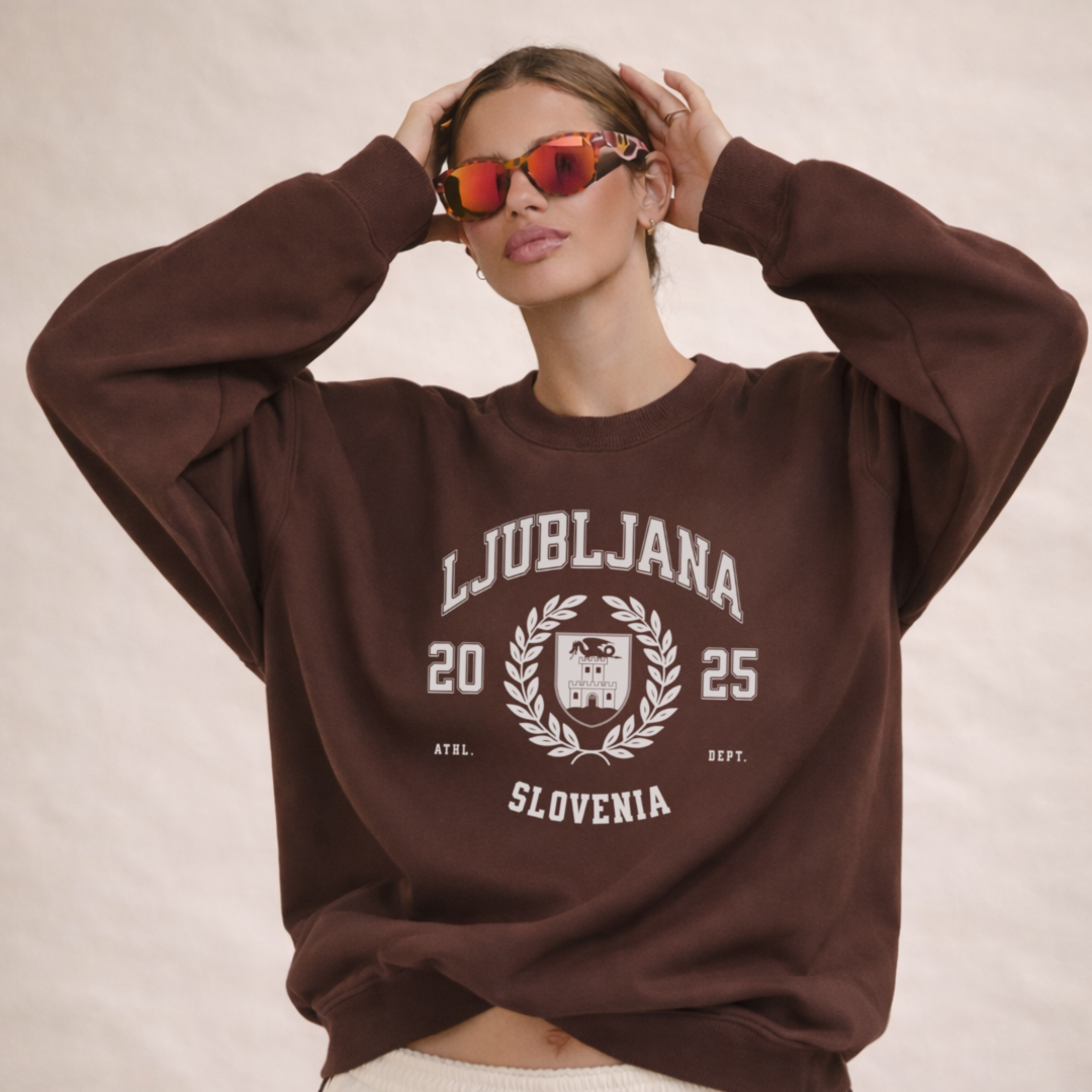 Woman wearing Ljubljana Slovenia varsity crewneck sweatshirt espresso brown