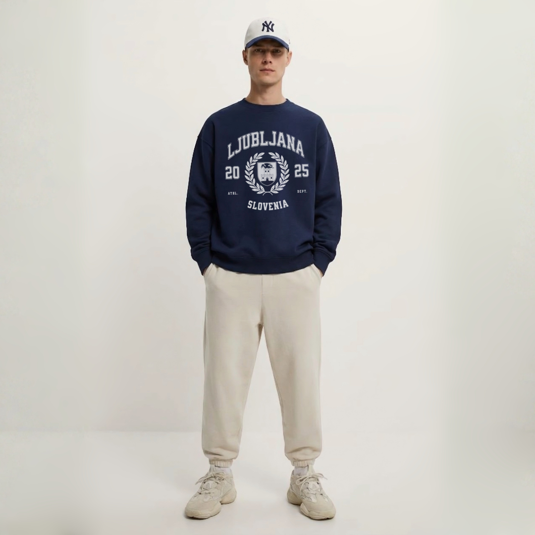 Man wearing Ljubljana Slovenia varsity crewneck sweatshirt navy blue