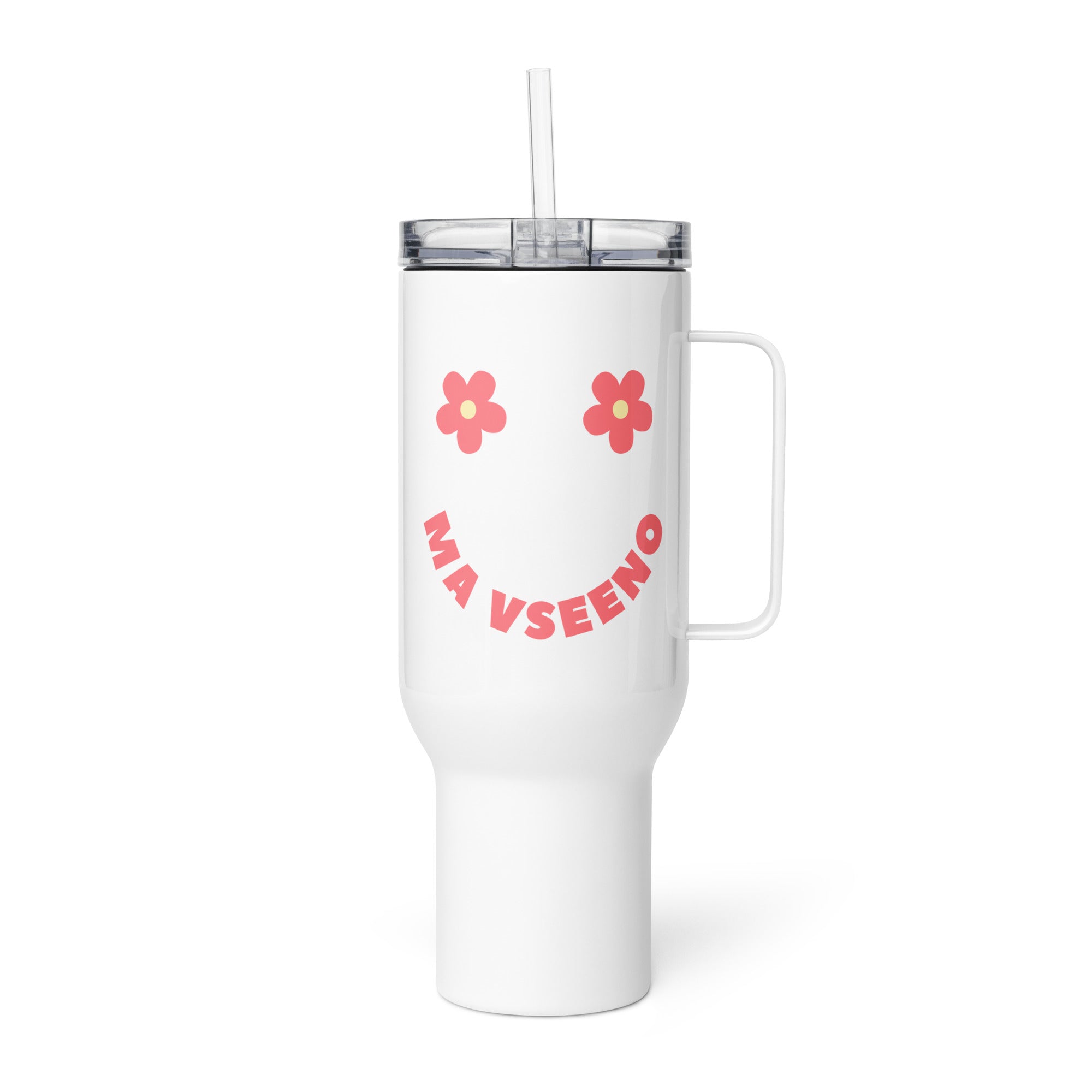 White Ma Vseeno smiley face tumbler with pink retro lettering and floral design inspired by Slovenian humor culture