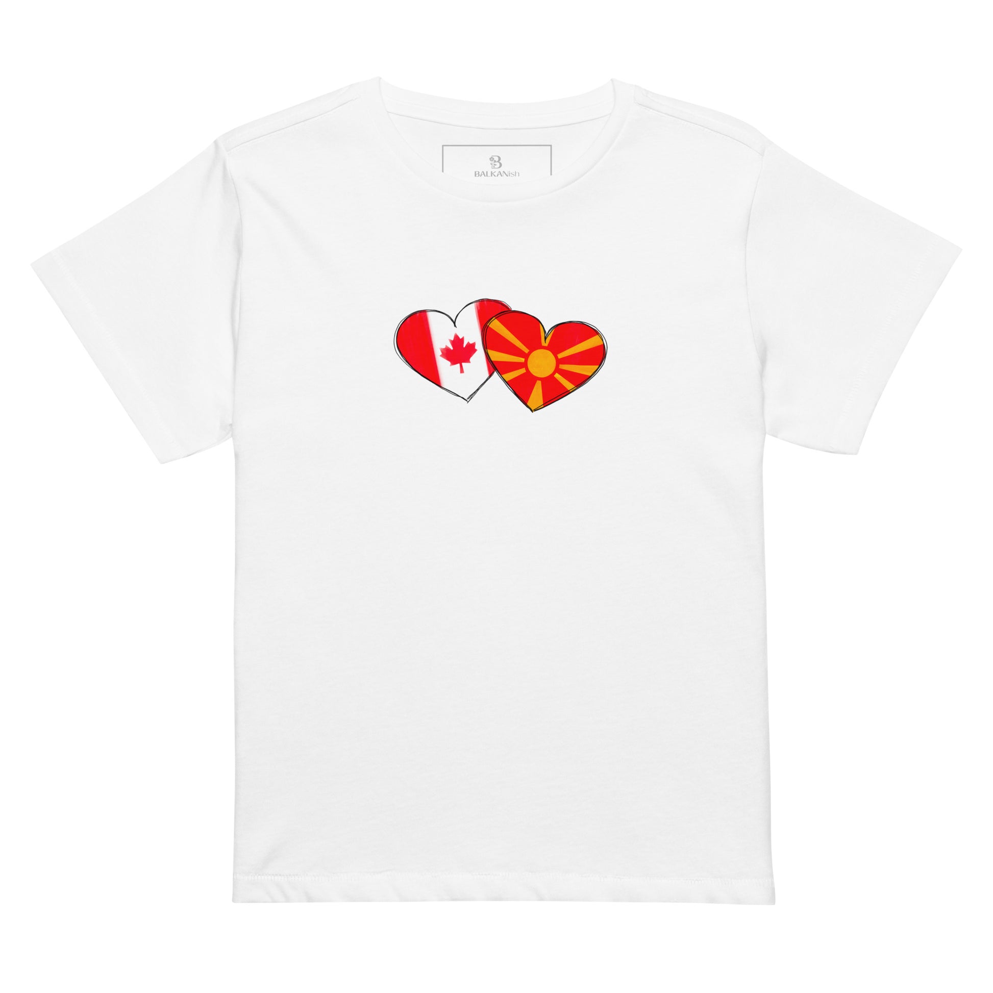 Woman wearing a Macedonia and Canada hearts high waisted t-shirt featuring hand-drawn watercolor flag hearts for the Macedonian Canadian diaspora.