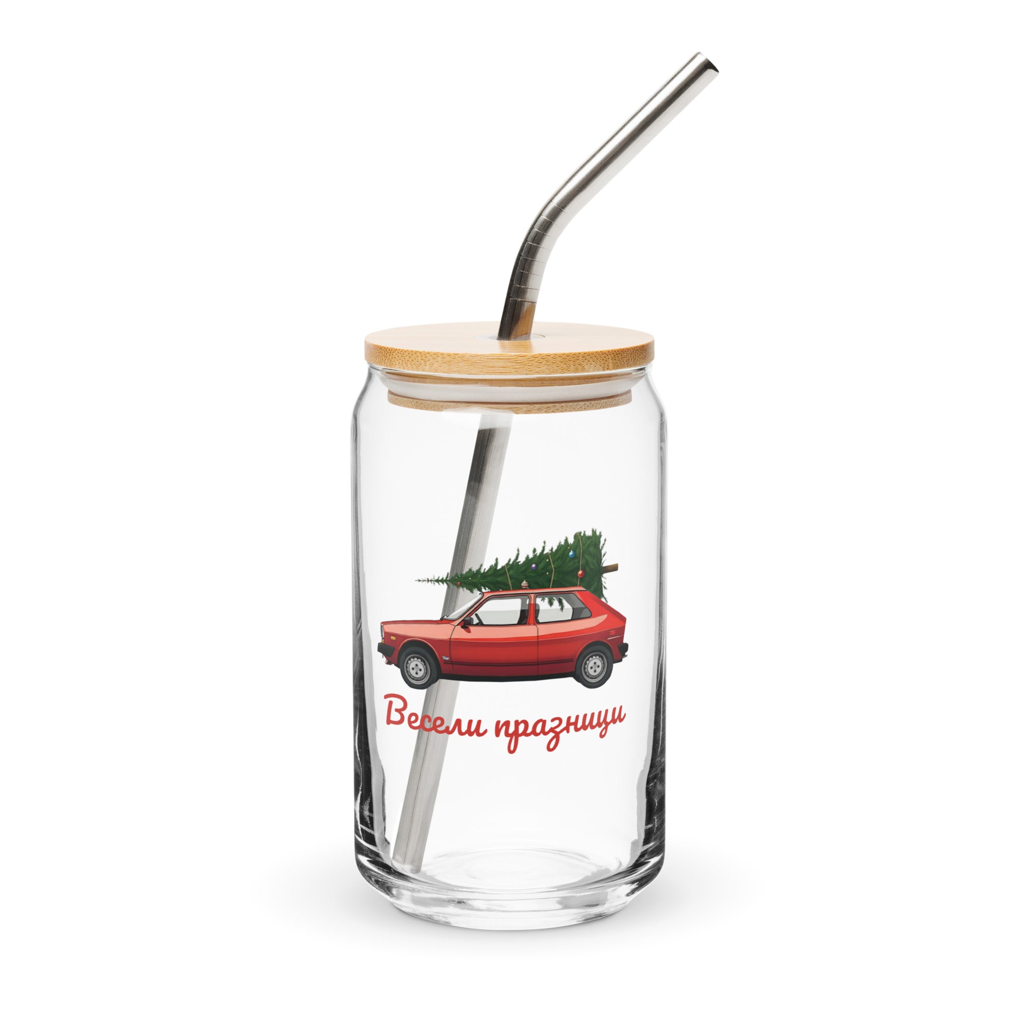 Macedonian Christmas glass with red Yugo and Весели празници text.