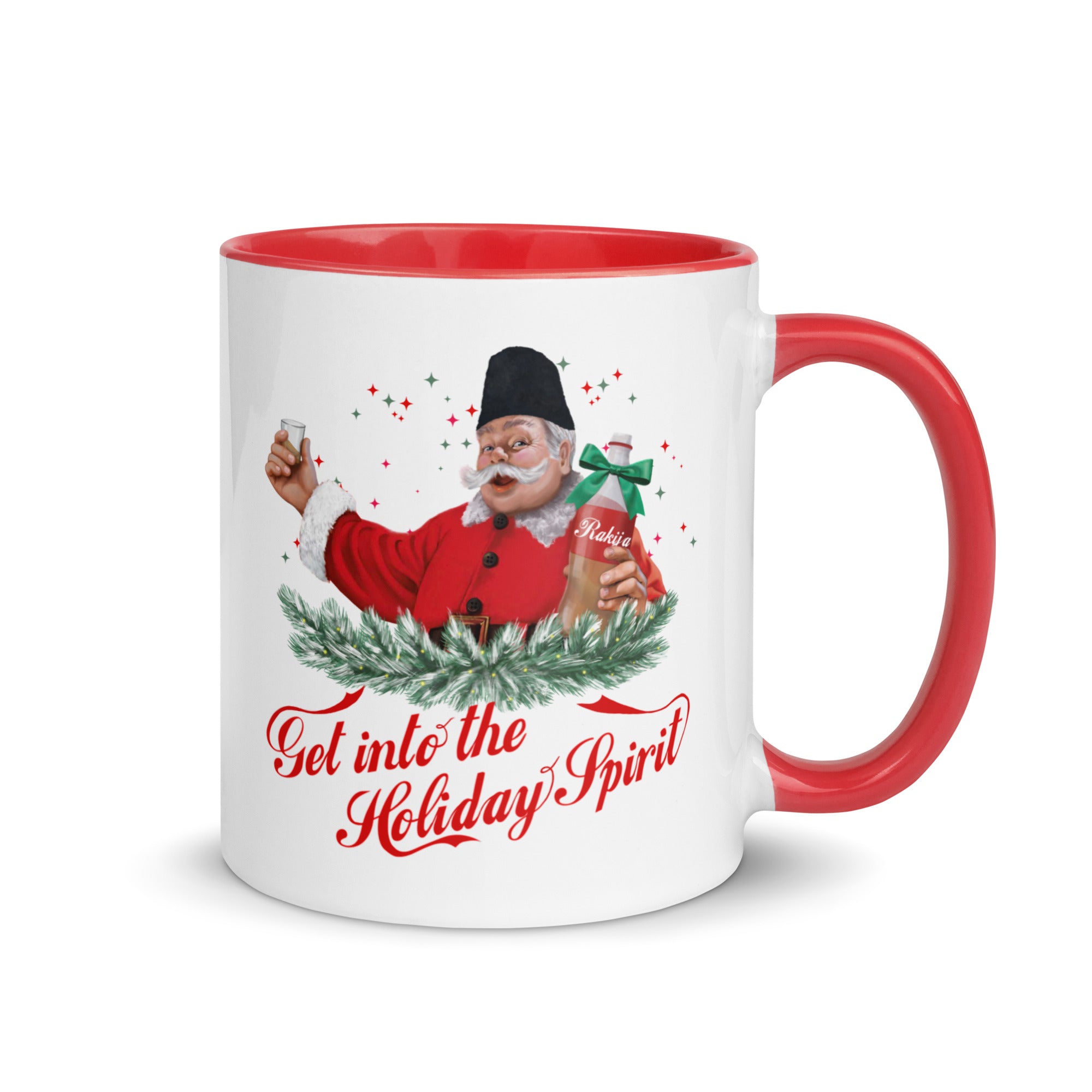 Macedonian Christmas mug featuring Santa holding a bottle of rakija – Balkanish design