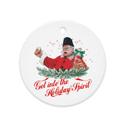 Red Christmas ornament featuring Macedonian Santa with rakija bottle — cute Balkan holiday gift