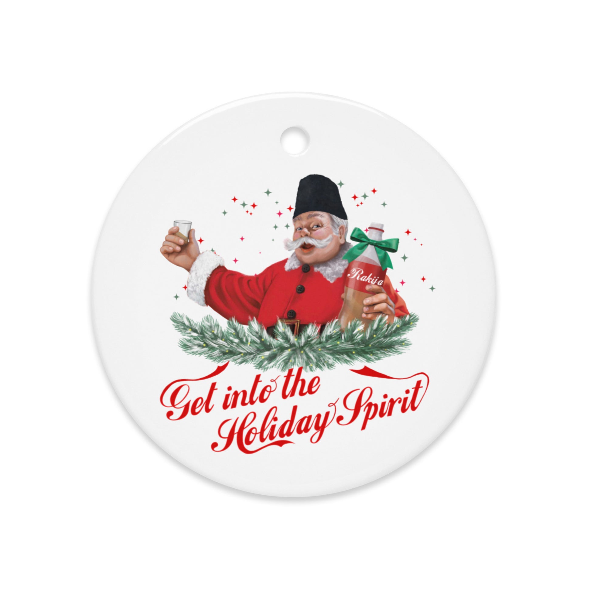 Red Christmas ornament featuring Macedonian Santa with rakija bottle — cute Balkan holiday gift