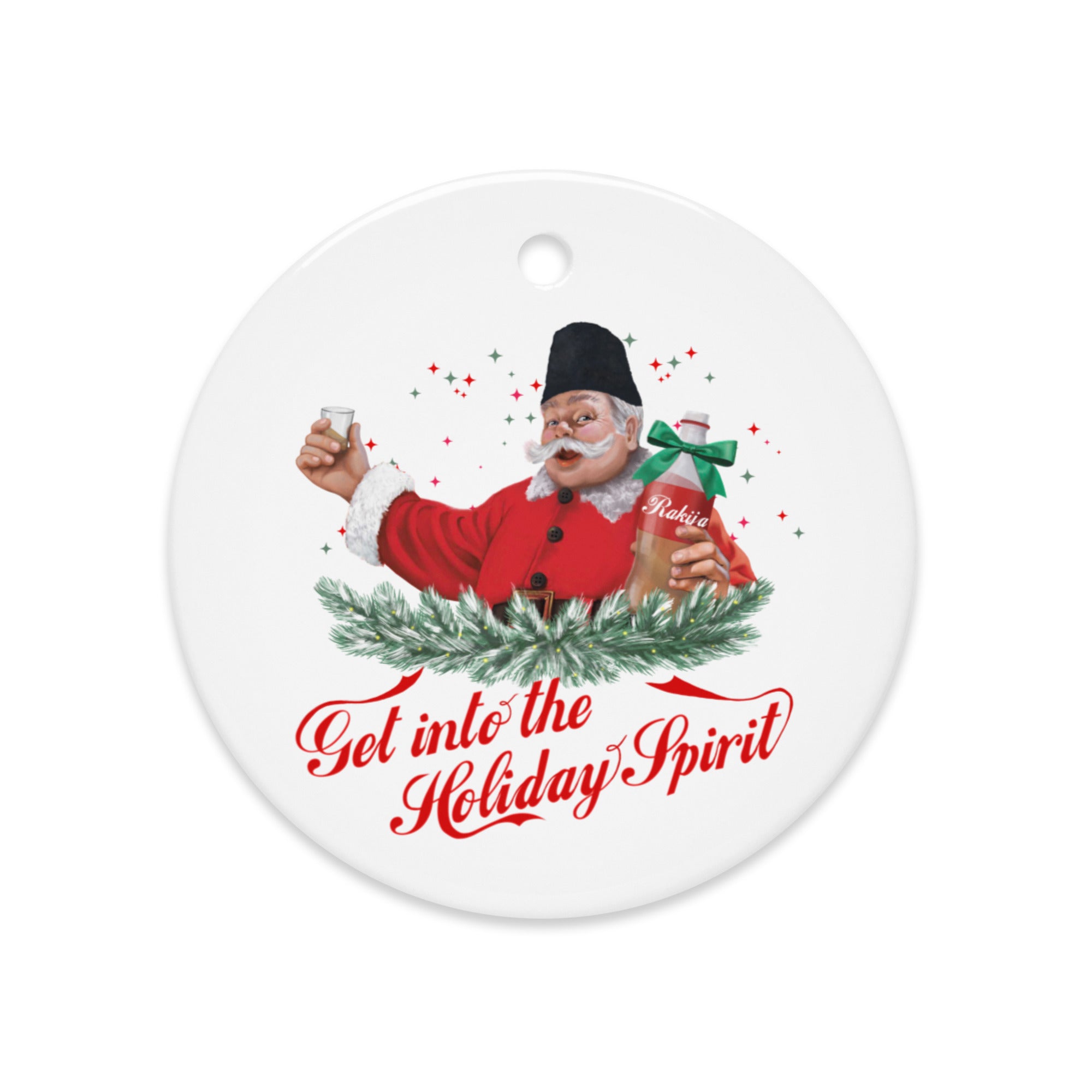Red Christmas ornament featuring Macedonian Santa with rakija bottle — cute Balkan holiday gift