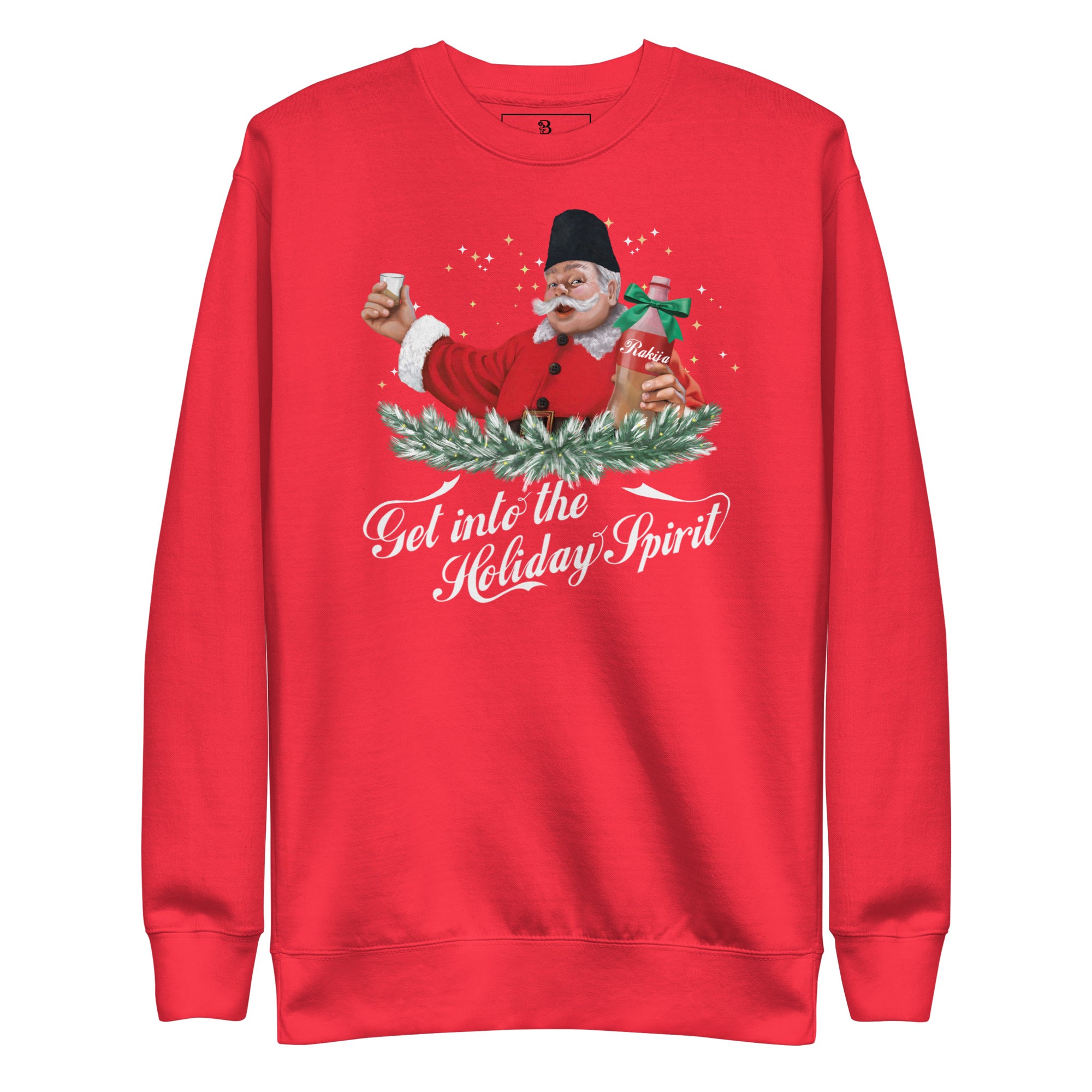 Red Macedonian Christmas sweater featuring Santa with rakija — funny Balkan Santa sweatshirt