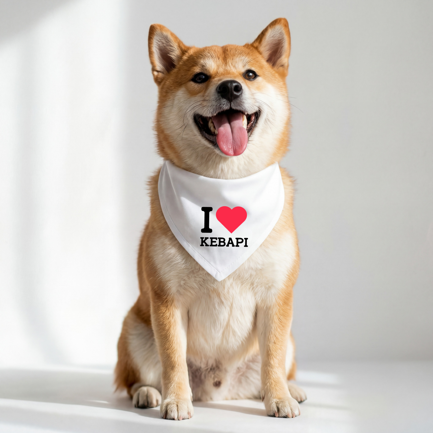 Dog wearing a bandana with 'I ❤️ Kebapi' text on a white background