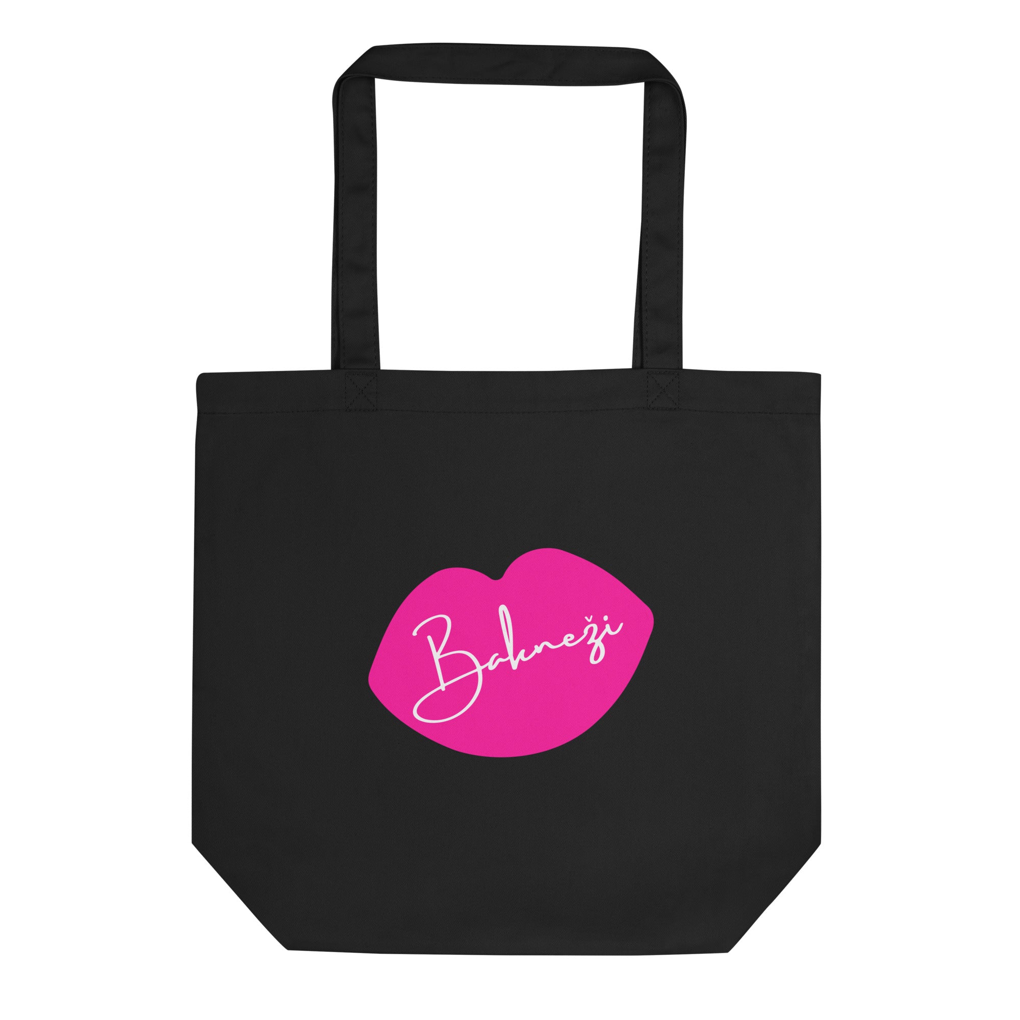 Black tote bag with pink lips graphic and the word “Bakneži.”
