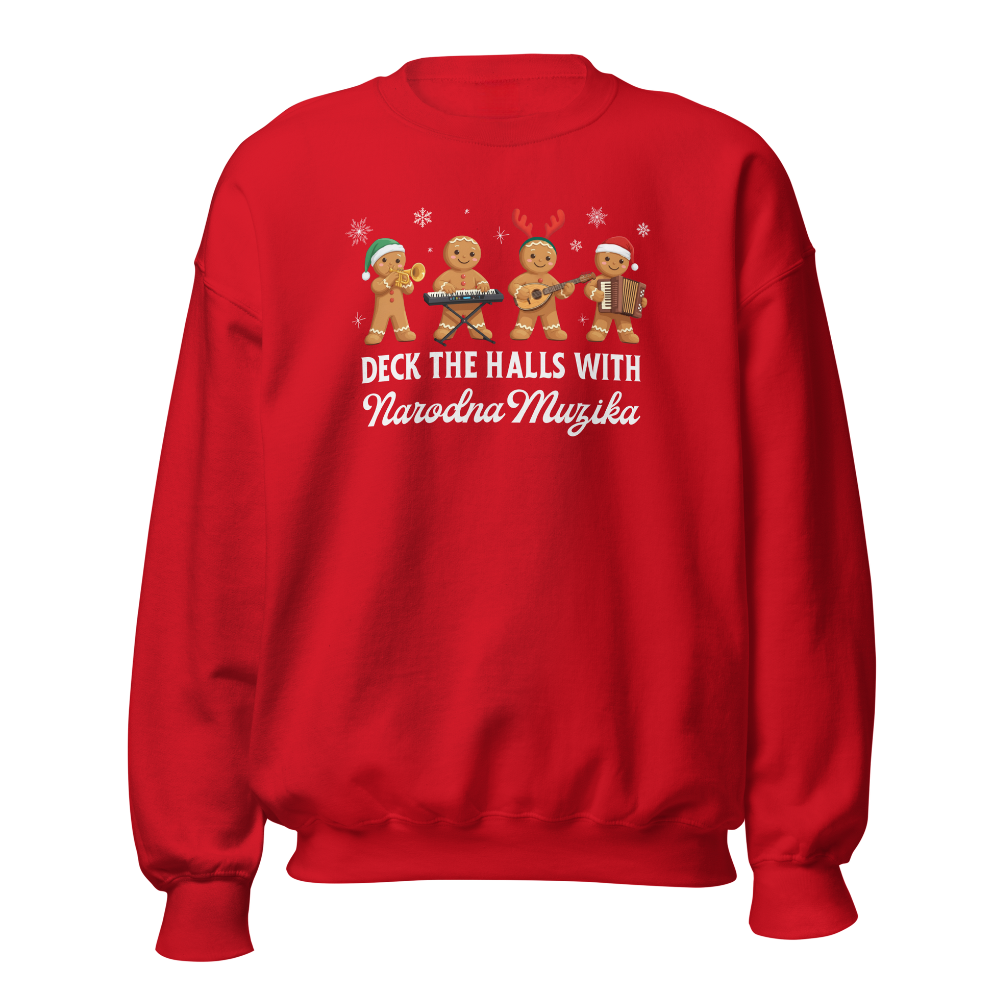 Narodna Muzika gingerbread Christmas sweater with gingerbread musicians.