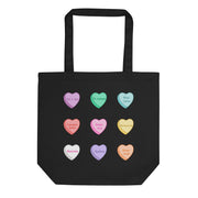 tote bag with colorful sweetheart candy hearts and Macedonian love phrases.