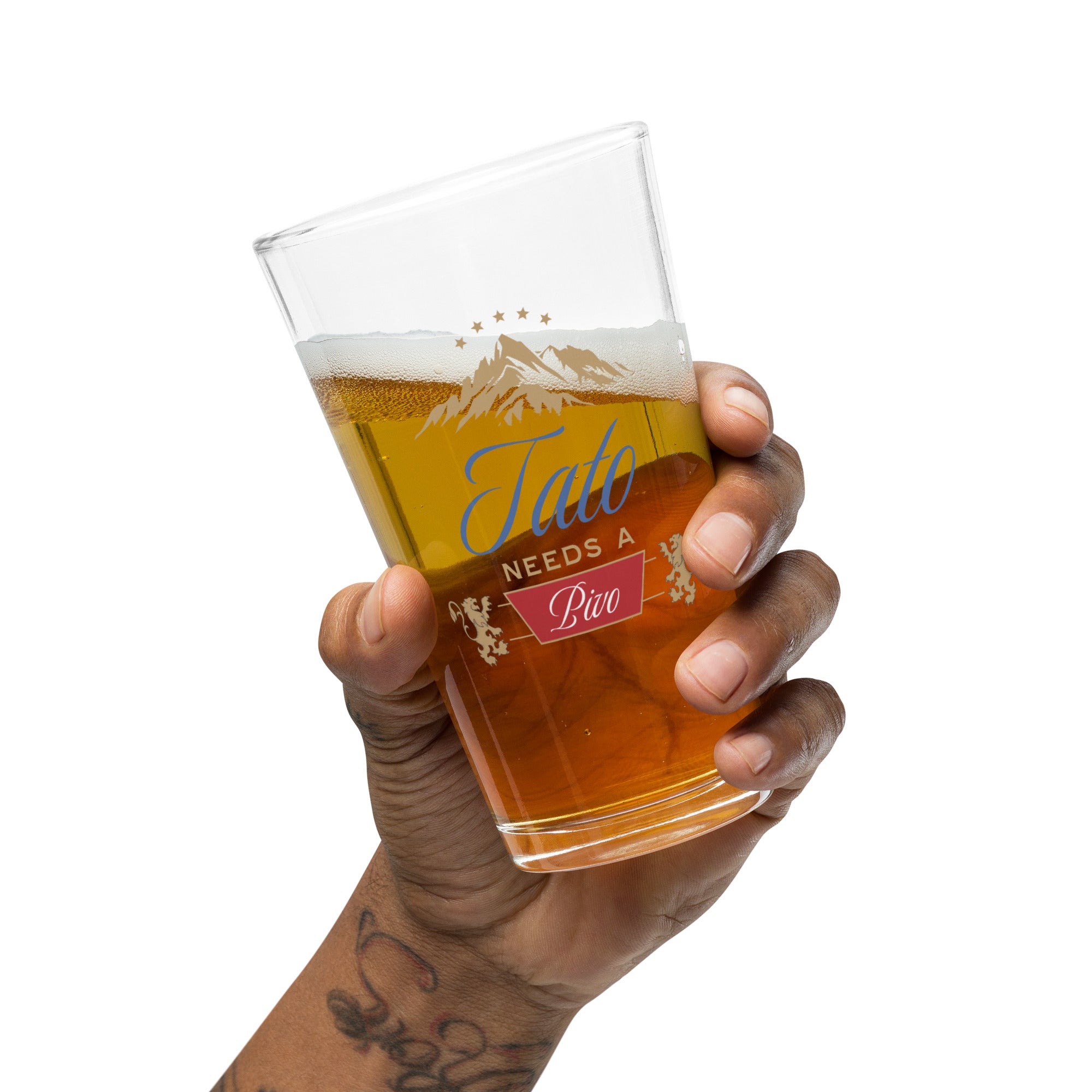 beer pint glass with tato needs a pivo macedonian dad design and mountain graphic