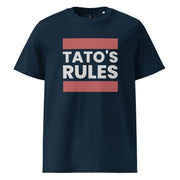 navy blue men's shirt with tato's rules text design in bold vintage lettering