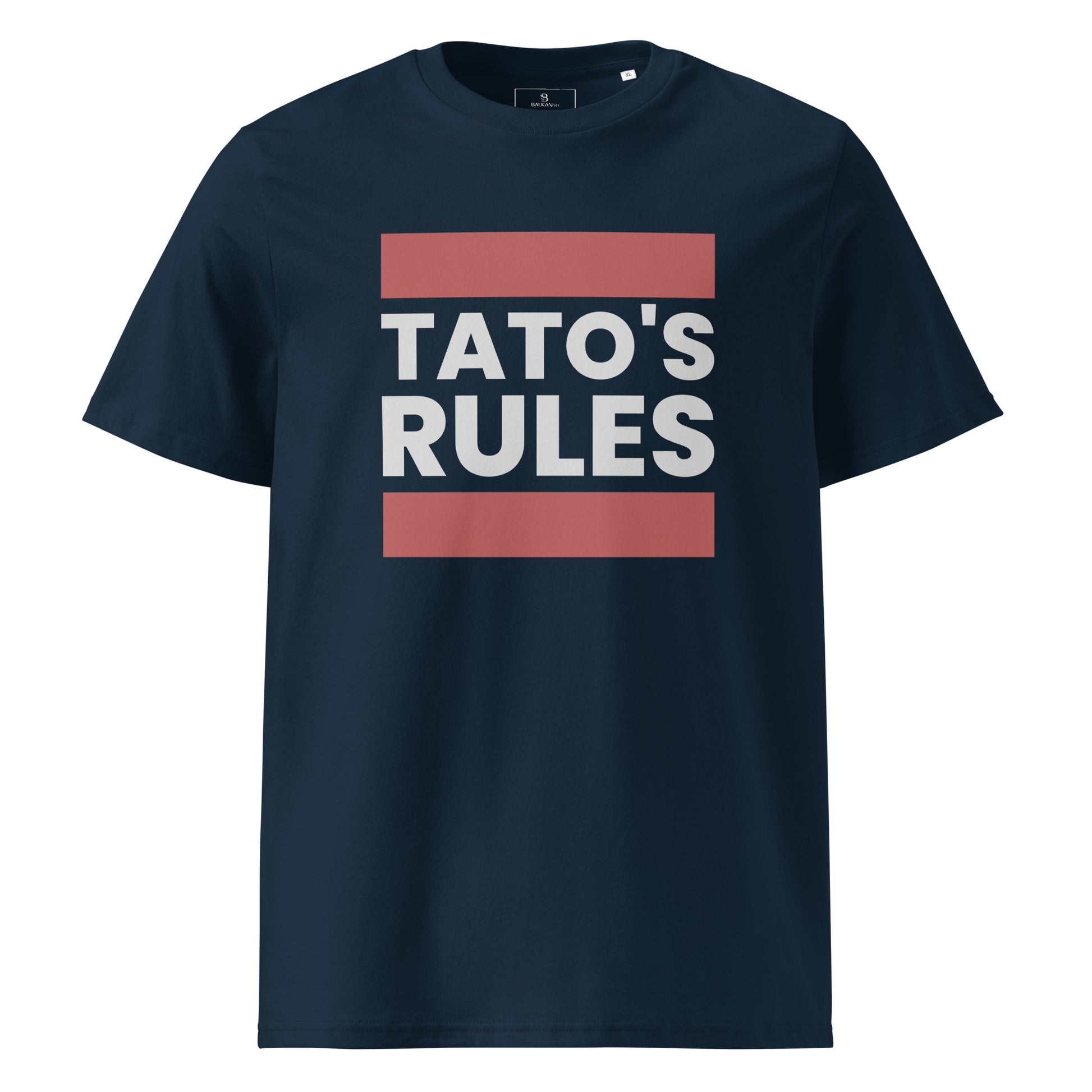navy blue men's shirt with tato's rules text design in bold vintage lettering