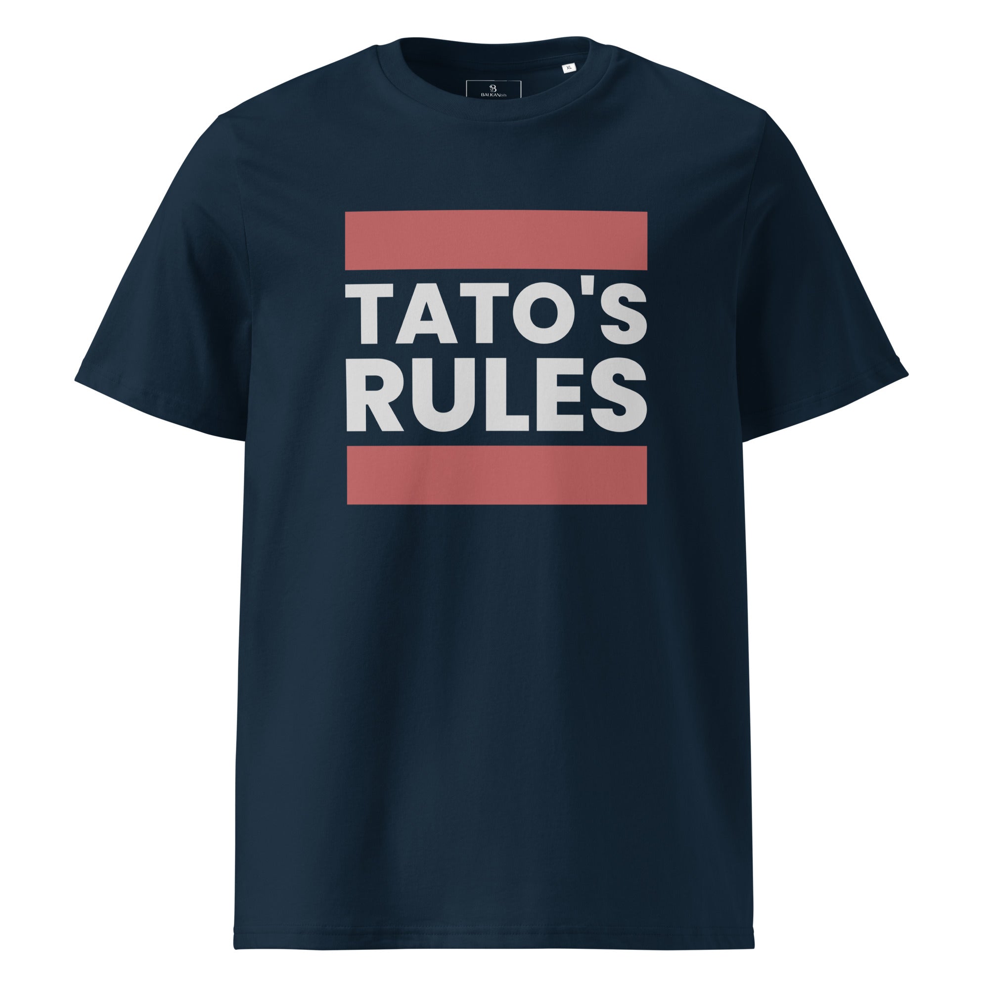 navy blue men's shirt with tato's rules text design in bold vintage lettering