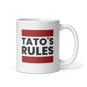 white mug with tato's rules text design in bold vintage lettering