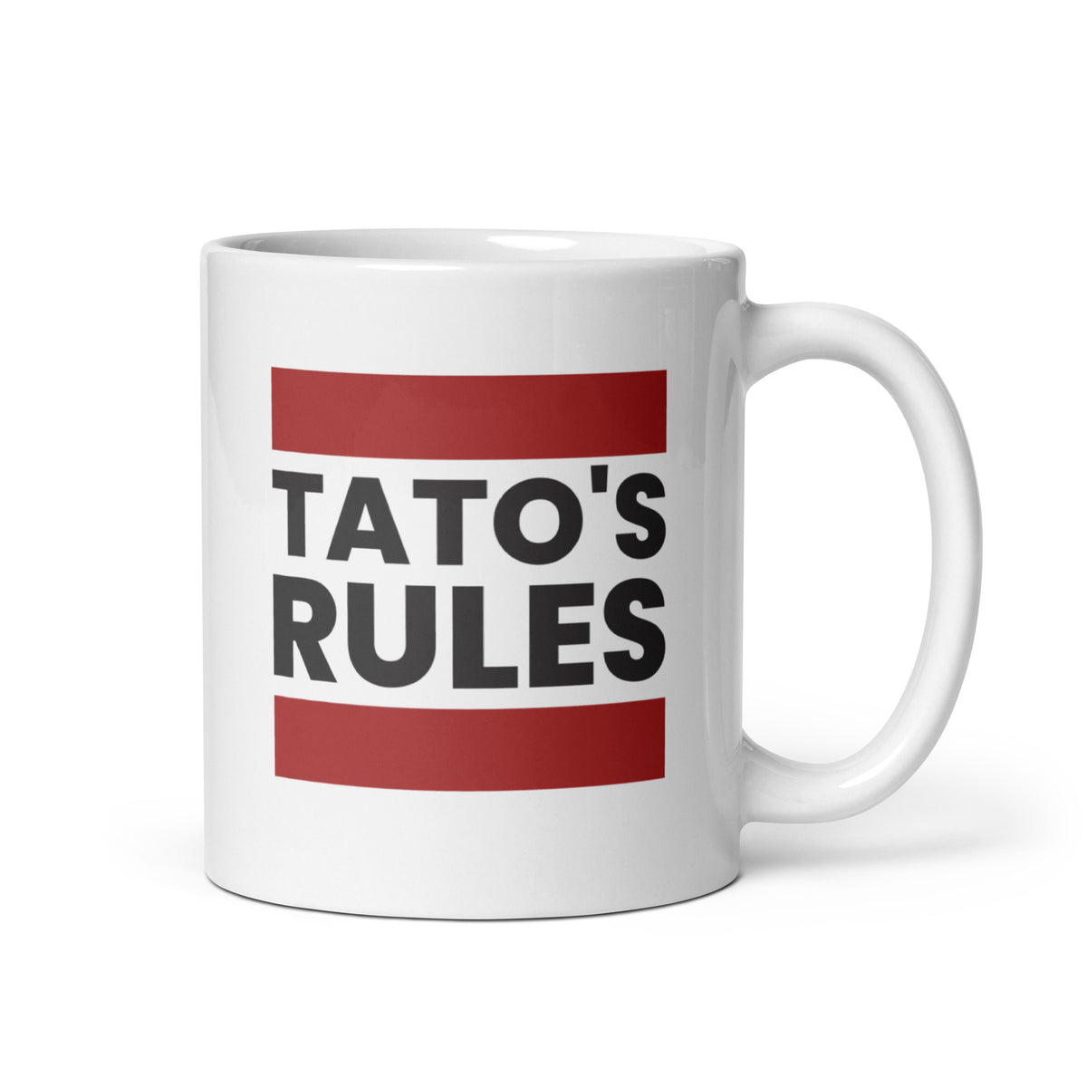 white mug with tato's rules text design in bold vintage lettering
