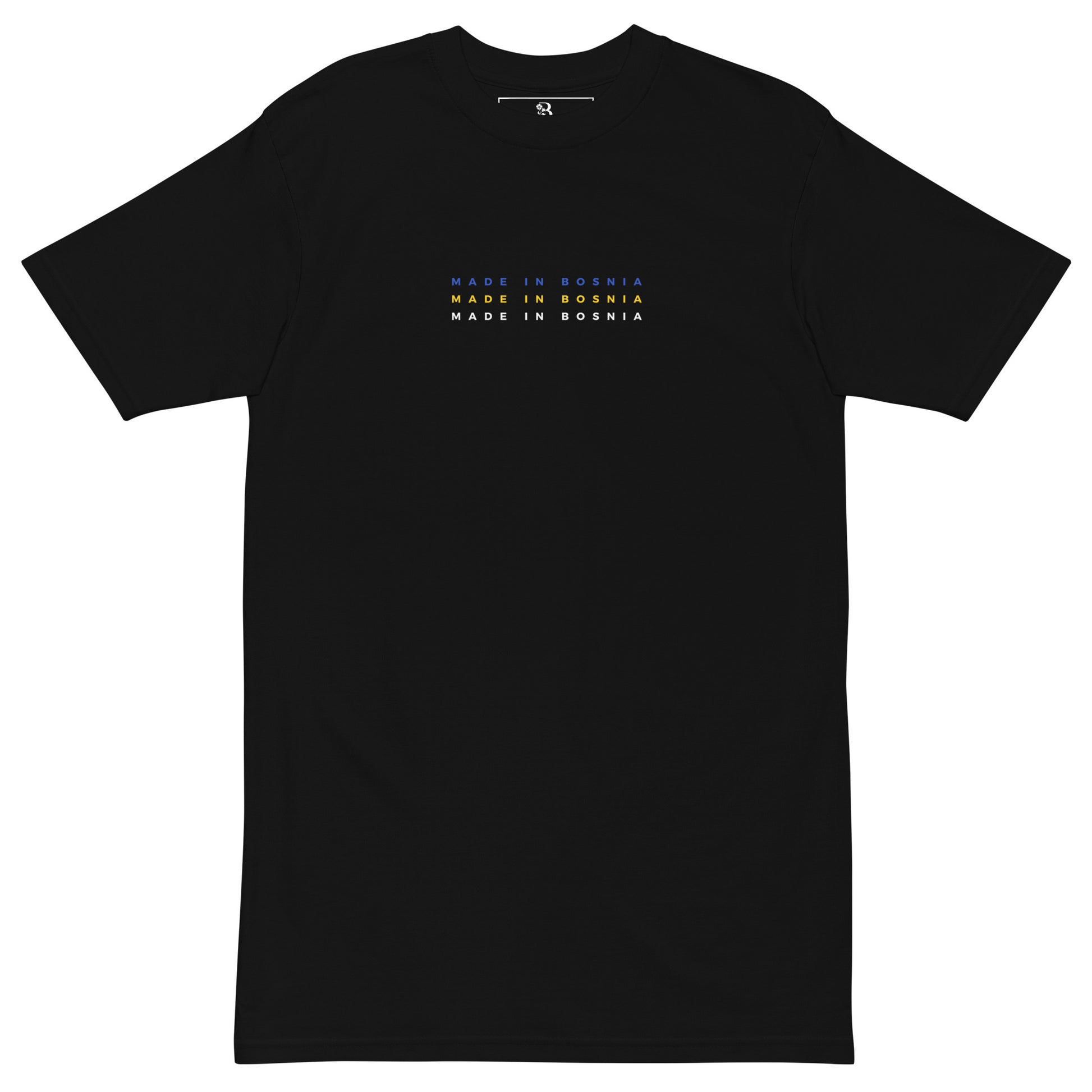 black shirt with made in bosnia text in bosnian flag colors minimalist design