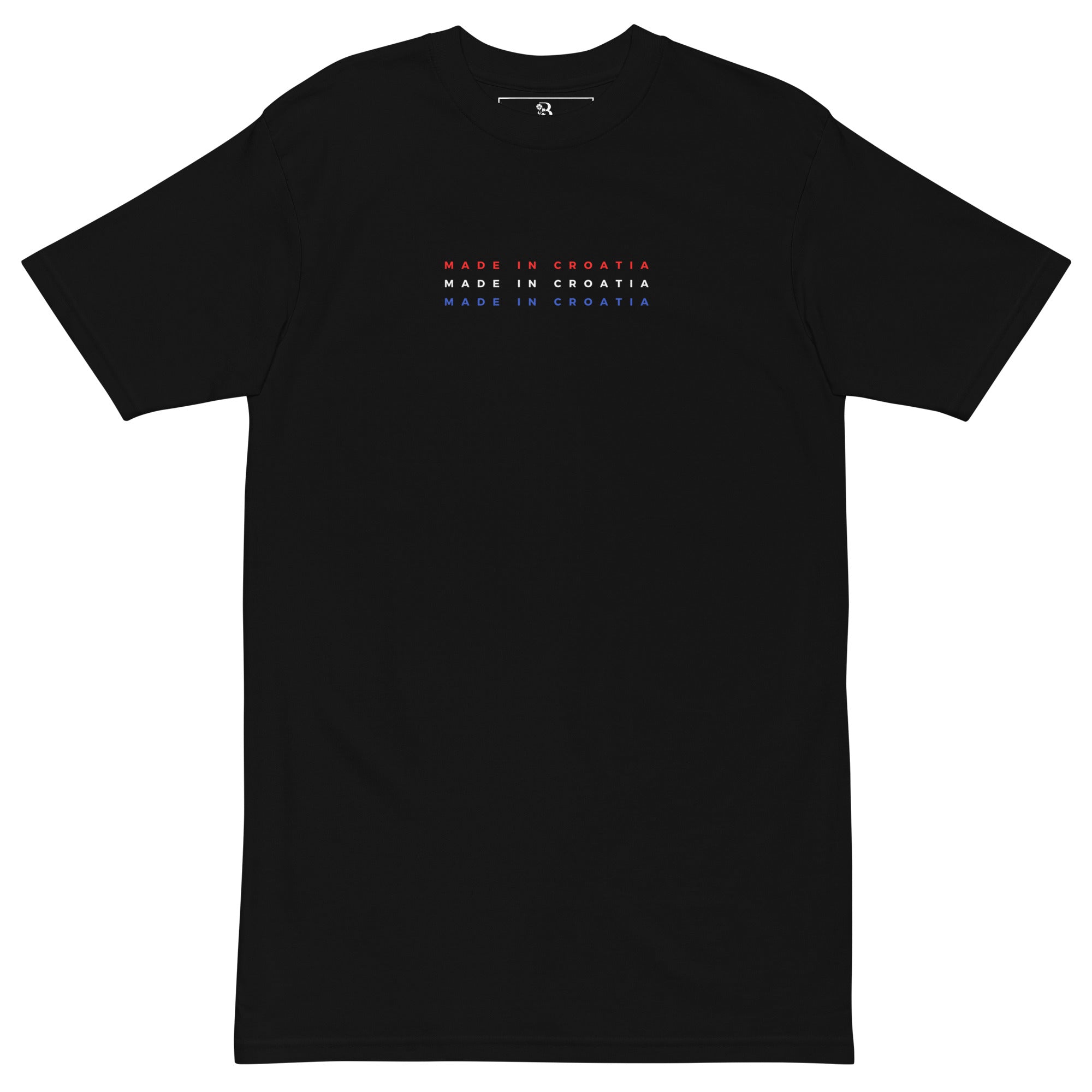 black shirt with made in croatia text in croatian flag colors minimalist design