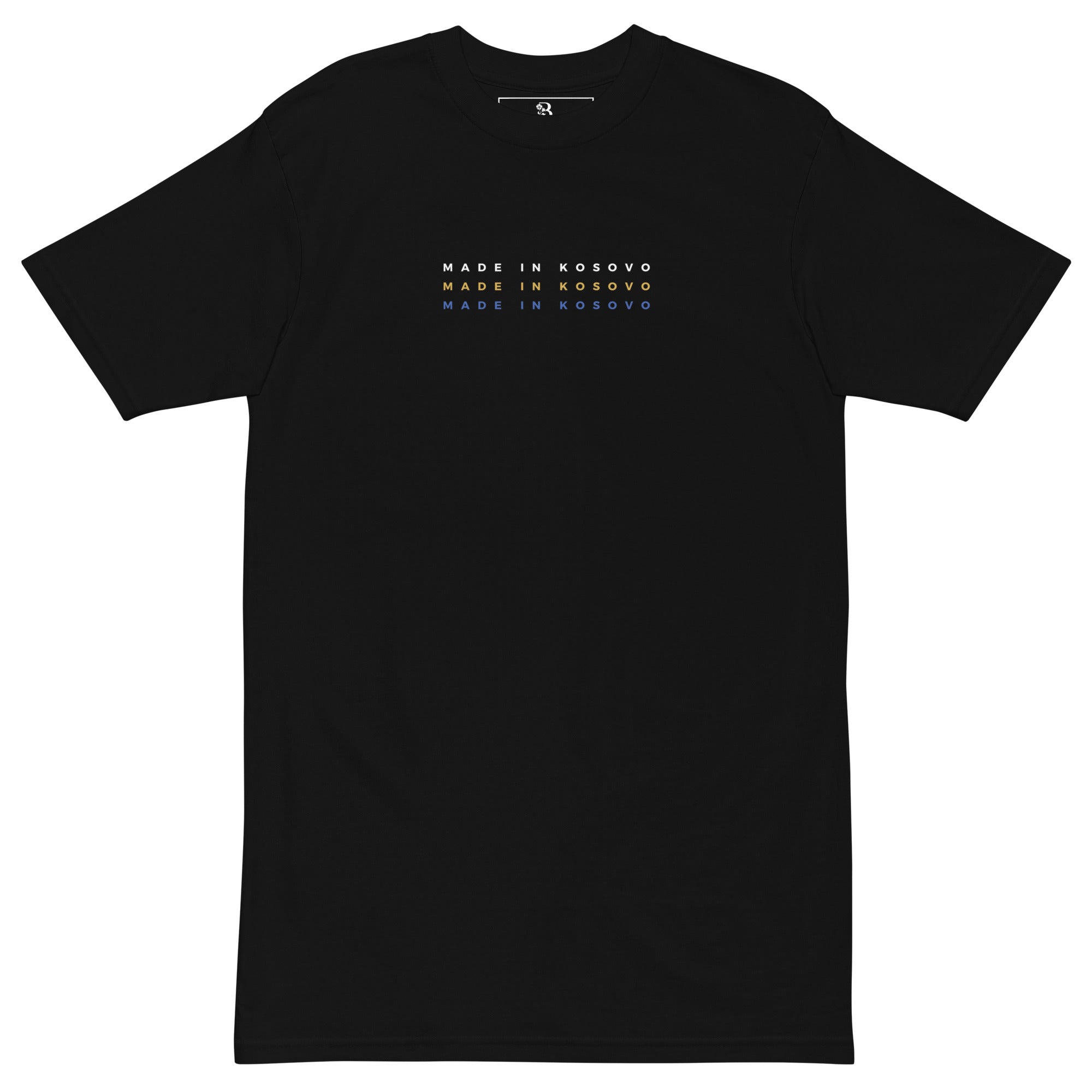 black shirt with made in kosovo text in kosovo flag colors minimalist design