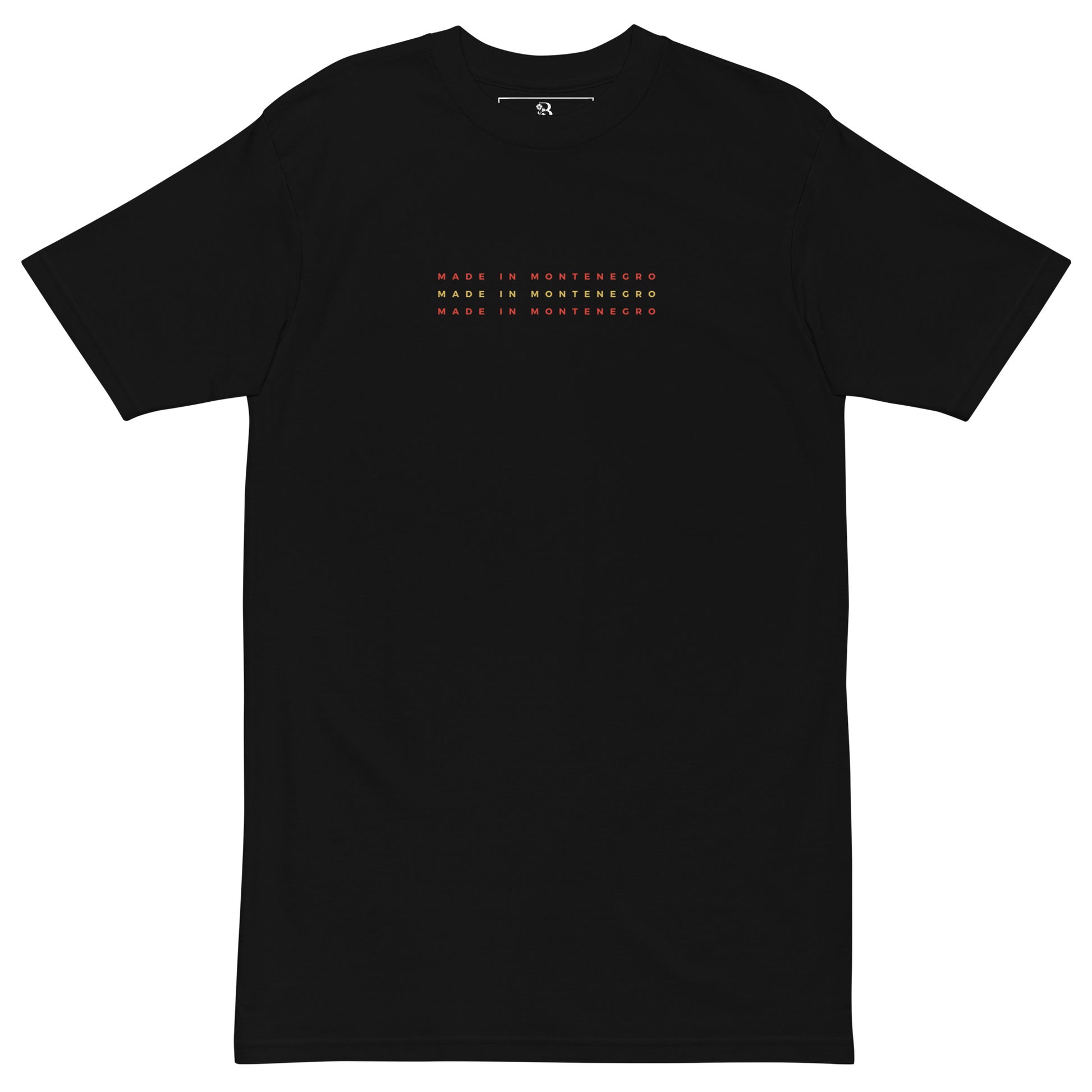 black shirt with made in montenegro text in montenegrin flag colors minimalist design