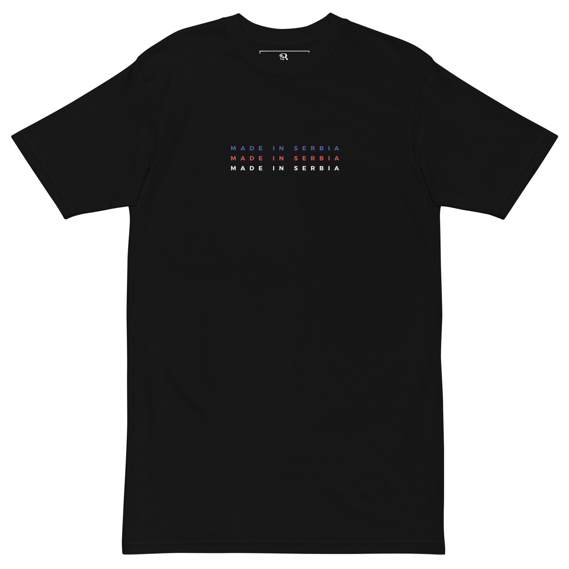 black shirt with made in serbia text in serbian flag colors minimalist design