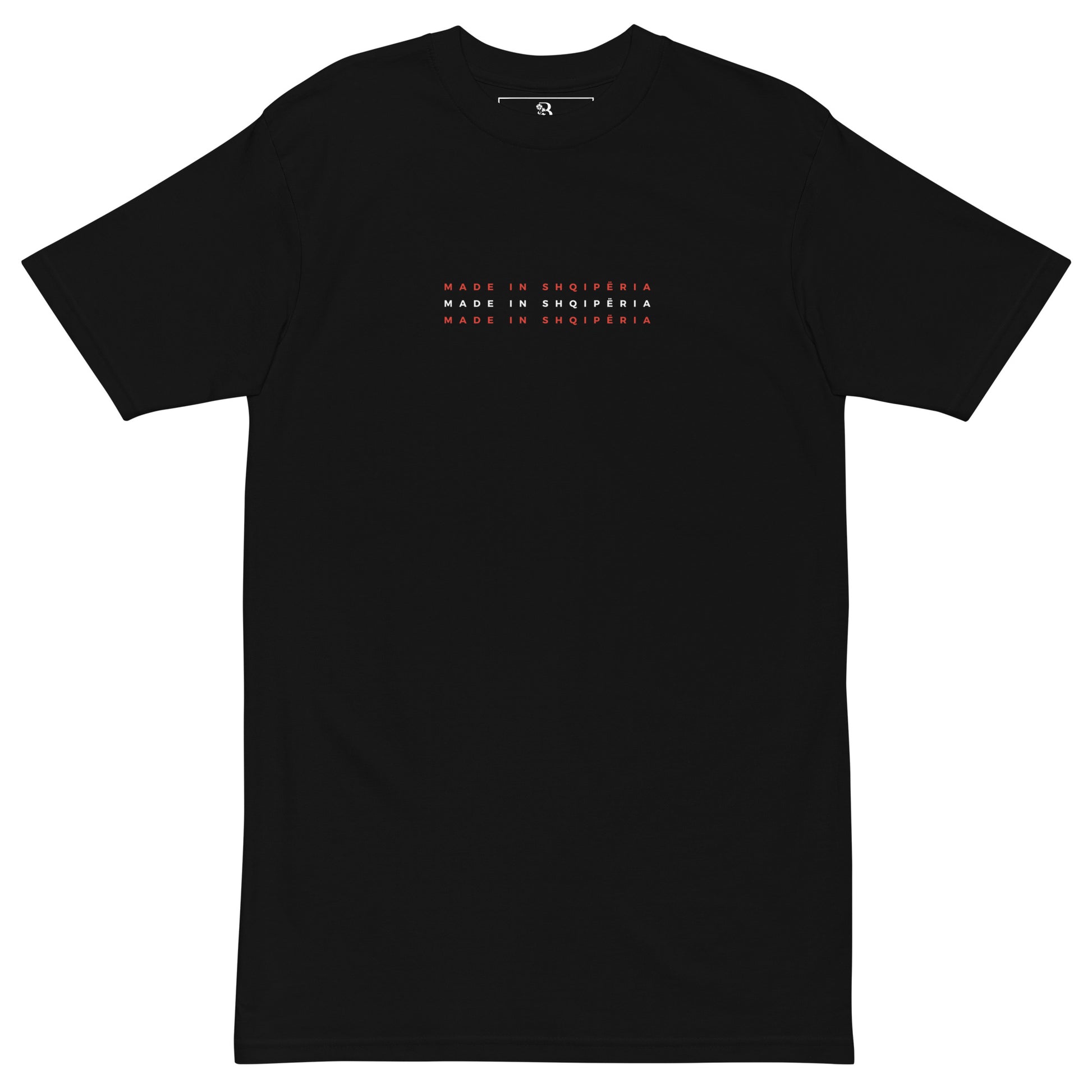 black shirt with made in shqiperia text in albanian flag colors minimalist design