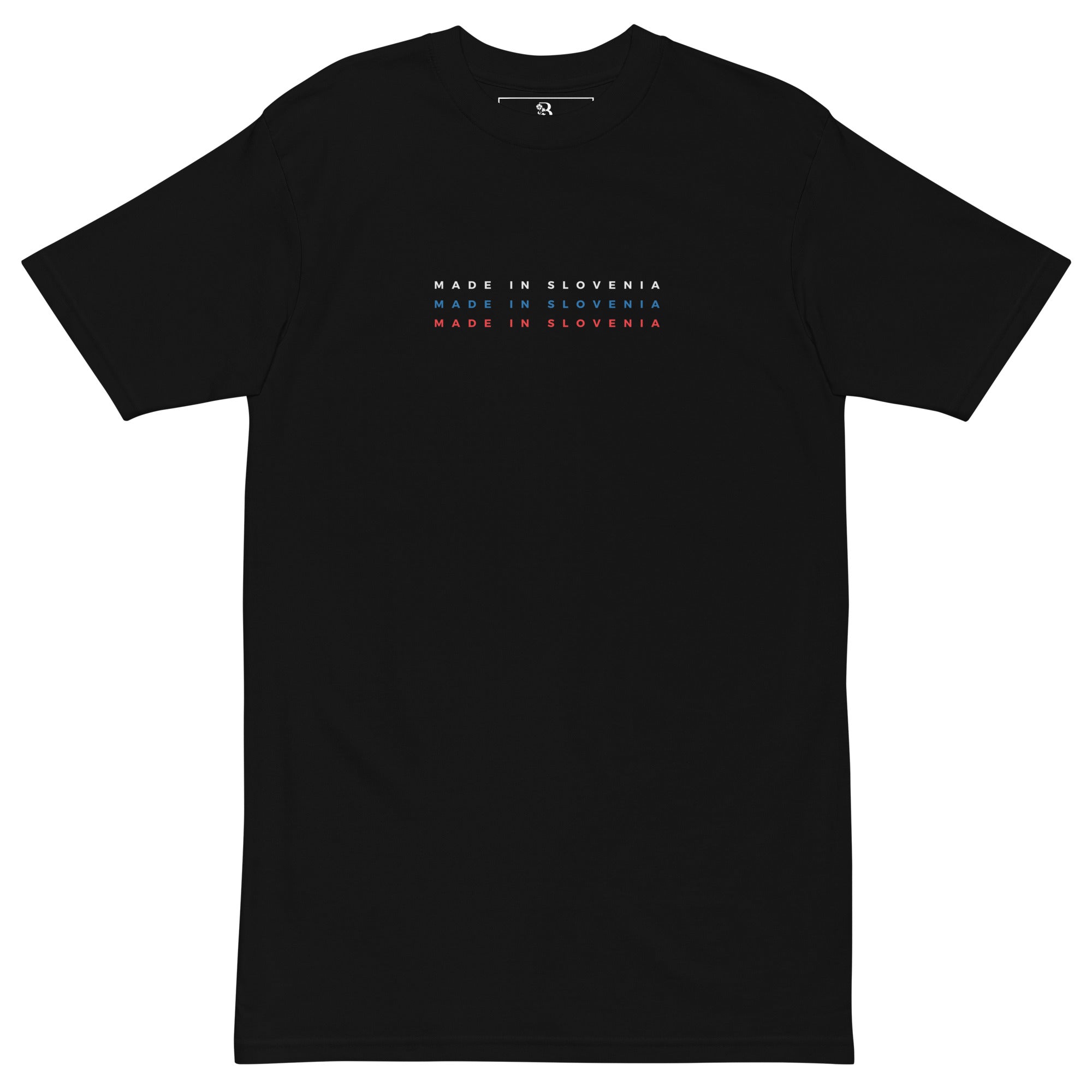 black shirt with made in slovenia text in slovenian flag colors minimalist design