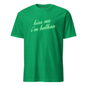 Men’s Kiss Me I’m Balkan green graphic t-shirt front view