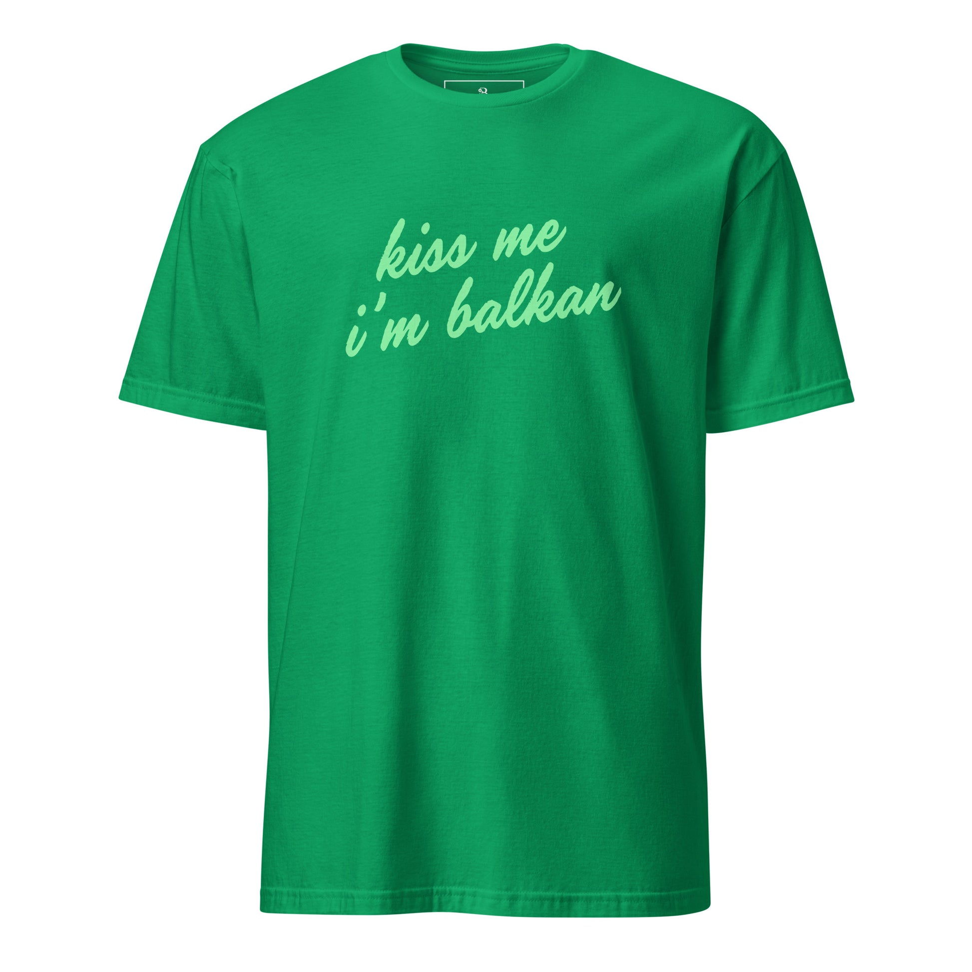 Men’s Kiss Me I’m Balkan green graphic t-shirt front view