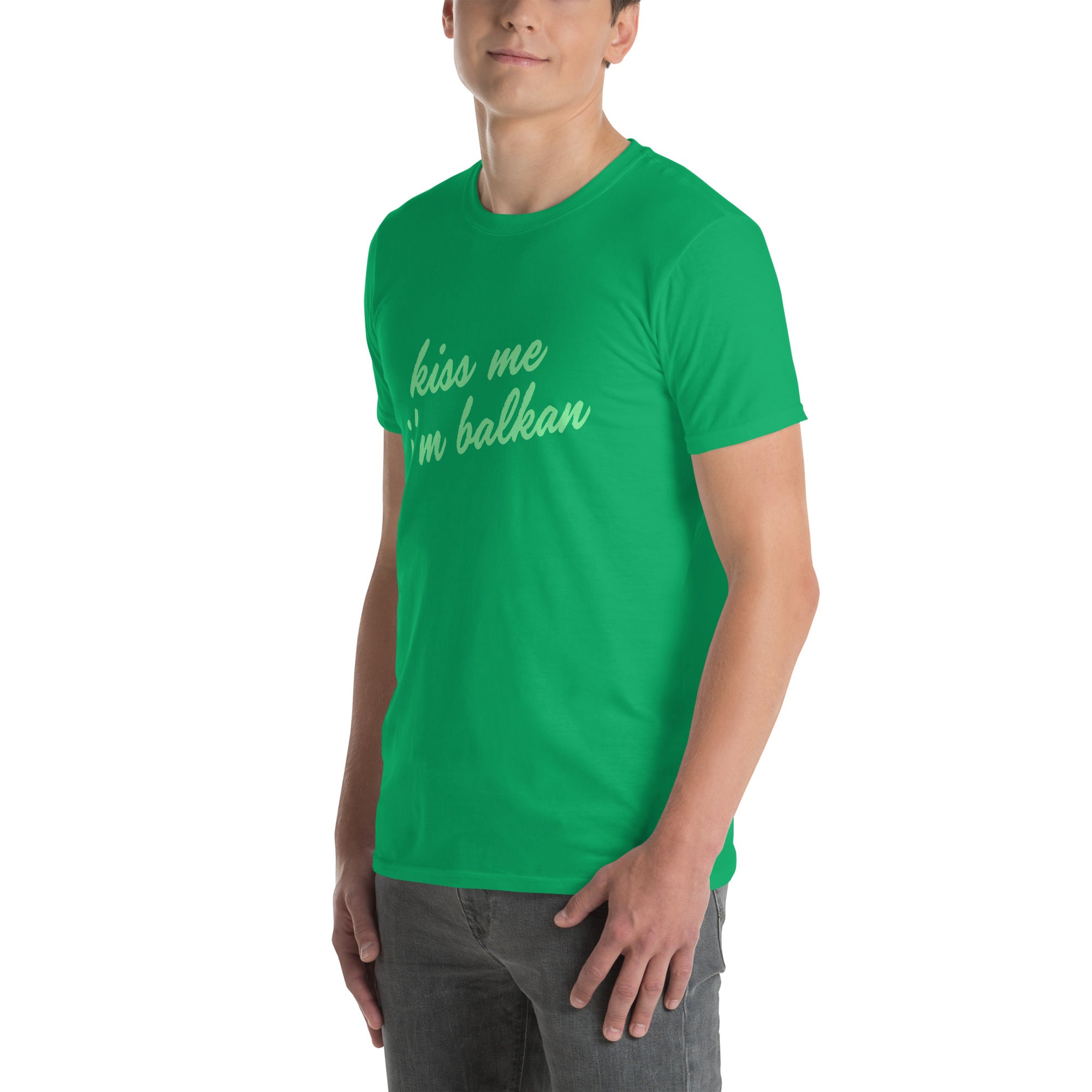 Men’s Kiss Me I’m Balkan green graphic  shirt on model
